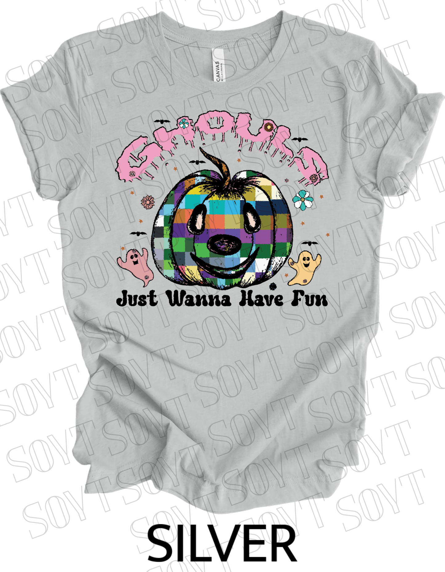 Ghouls Just Wanna Have Fun T-Shirt – Colorful Plaid Pumpkin & Cute Ghost Halloween Tee - Festive Apparel StoreSilver