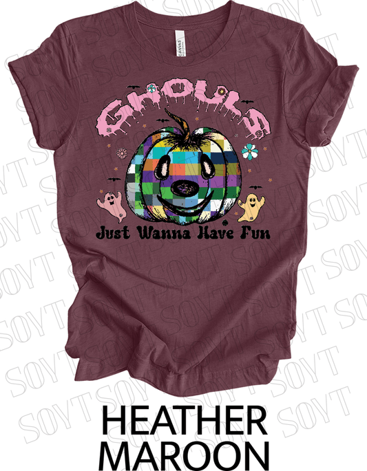 Ghouls Just Wanna Have Fun T-Shirt – Colorful Plaid Pumpkin & Cute Ghost Halloween Tee - Festive Apparel StoreHeather Maroon
