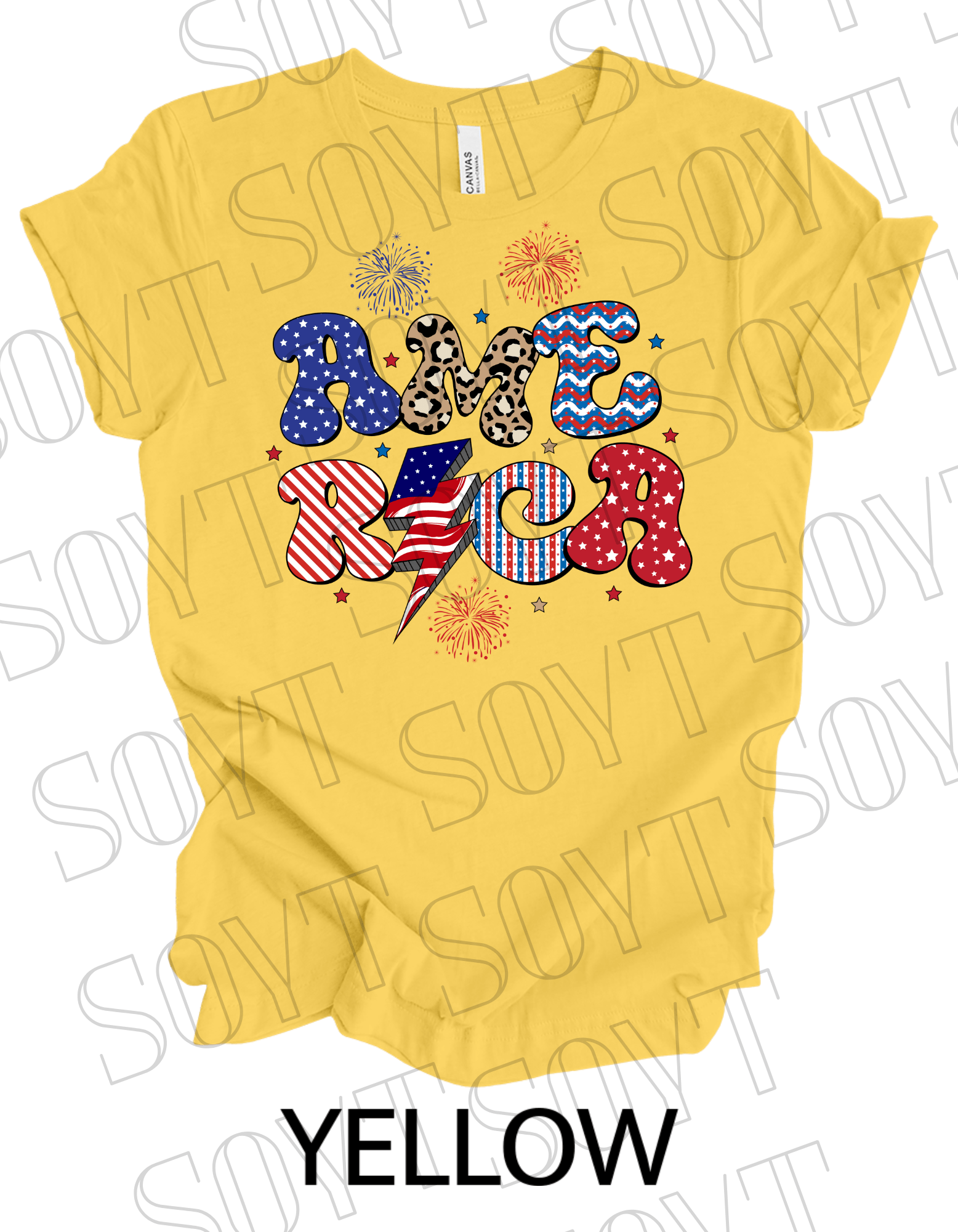 Groovy America Lightning T-Shirt – Bella+Canvas Retro Patriotic Tee - Festive Apparel StoreYellow