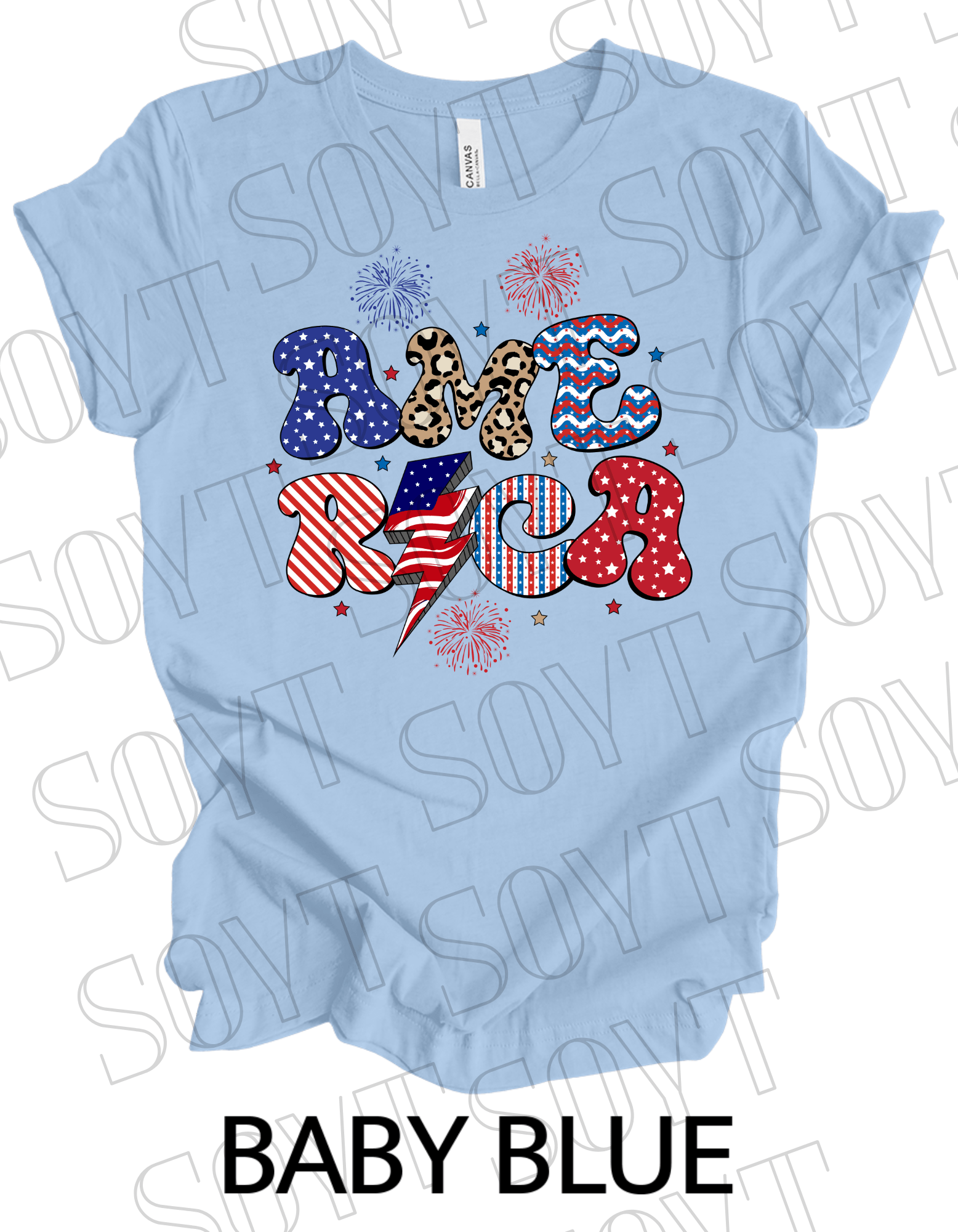Groovy America Lightning T-Shirt – Bella+Canvas Retro Patriotic Tee - Festive Apparel StoreBaby Blue