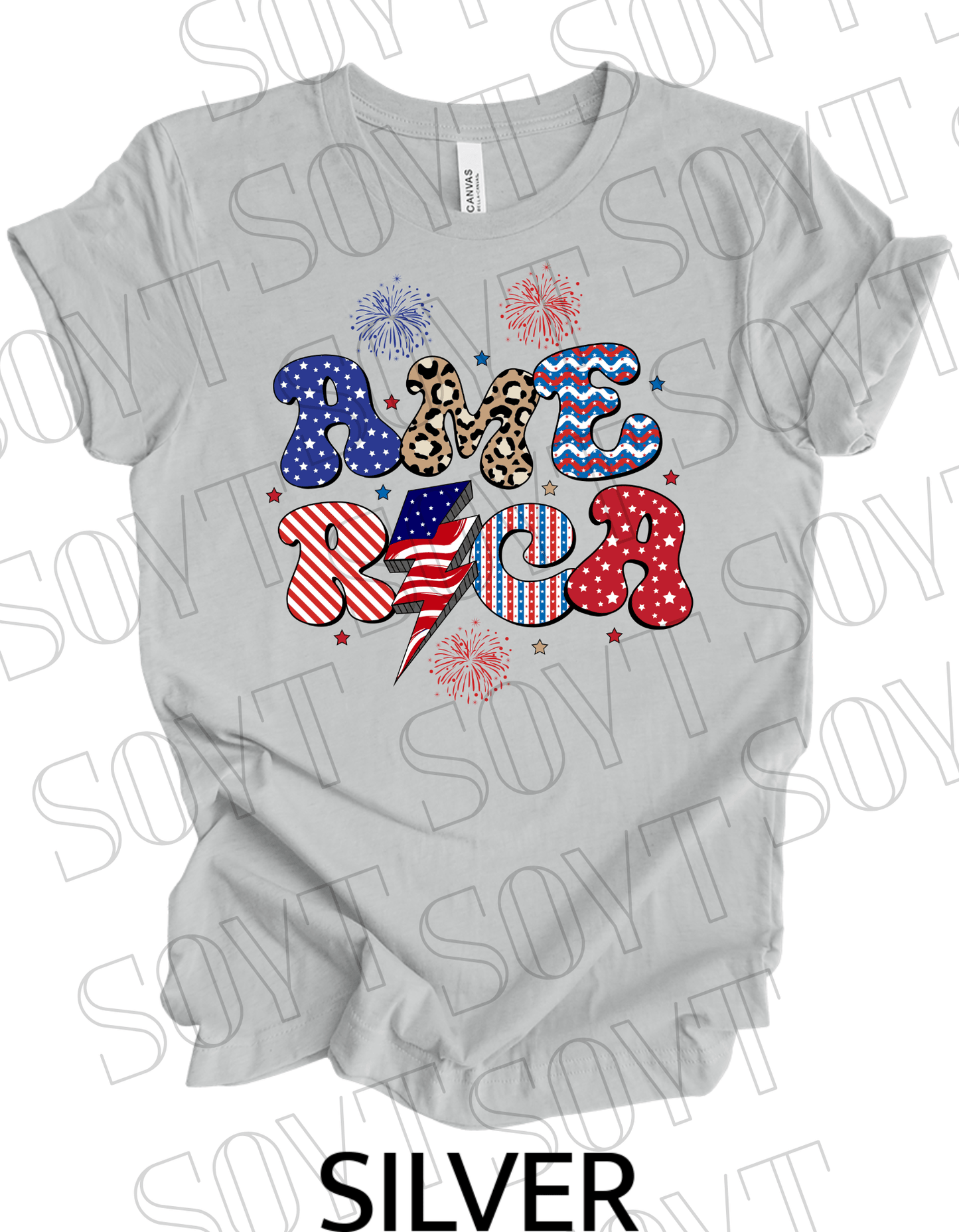 Groovy America Lightning T-Shirt – Bella+Canvas Retro Patriotic Tee - Festive Apparel StoreSilver