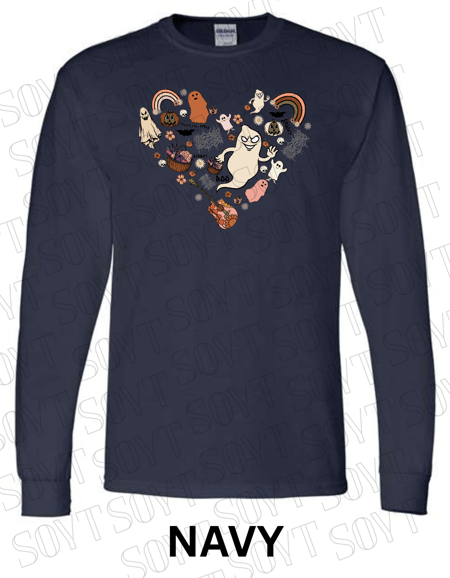 Halloween Heart Collage Long Sleeve – Retro Ghosts, Rainbows & Floral Fall Guitar Shirt - Festive Apparel StoreNavy Blue
