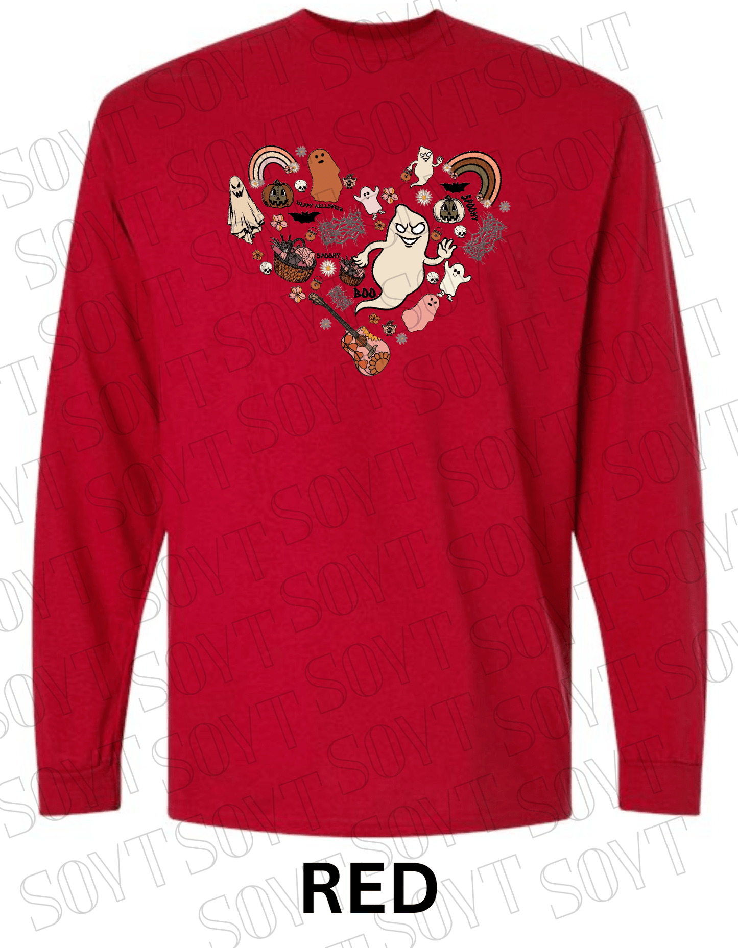 Halloween Heart Collage Long Sleeve – Retro Ghosts, Rainbows & Floral Fall Guitar Shirt - Festive Apparel StoreRed