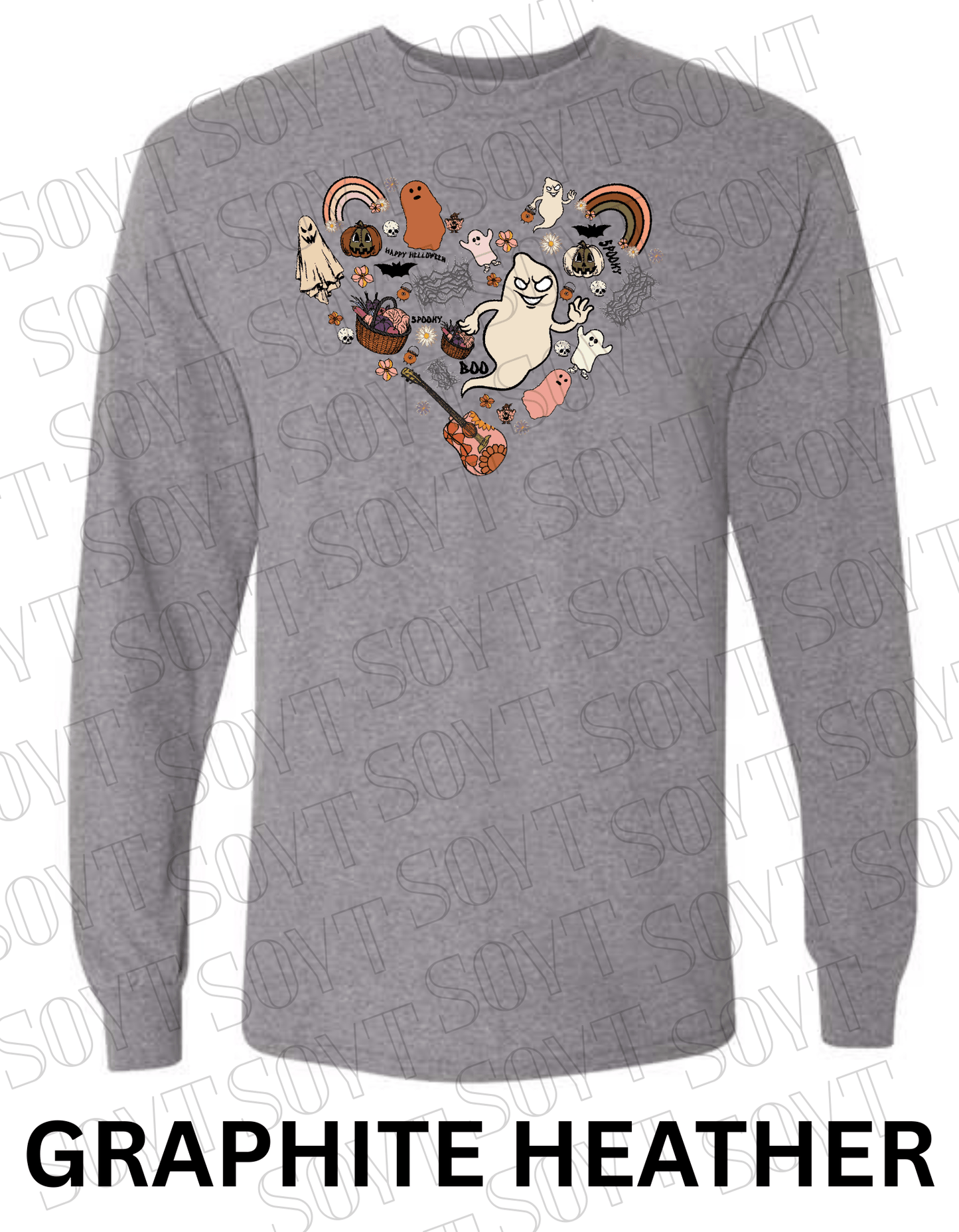 Halloween Heart Collage Long Sleeve – Retro Ghosts, Rainbows & Floral Fall Guitar Shirt - Festive Apparel StoreGraphite Heather