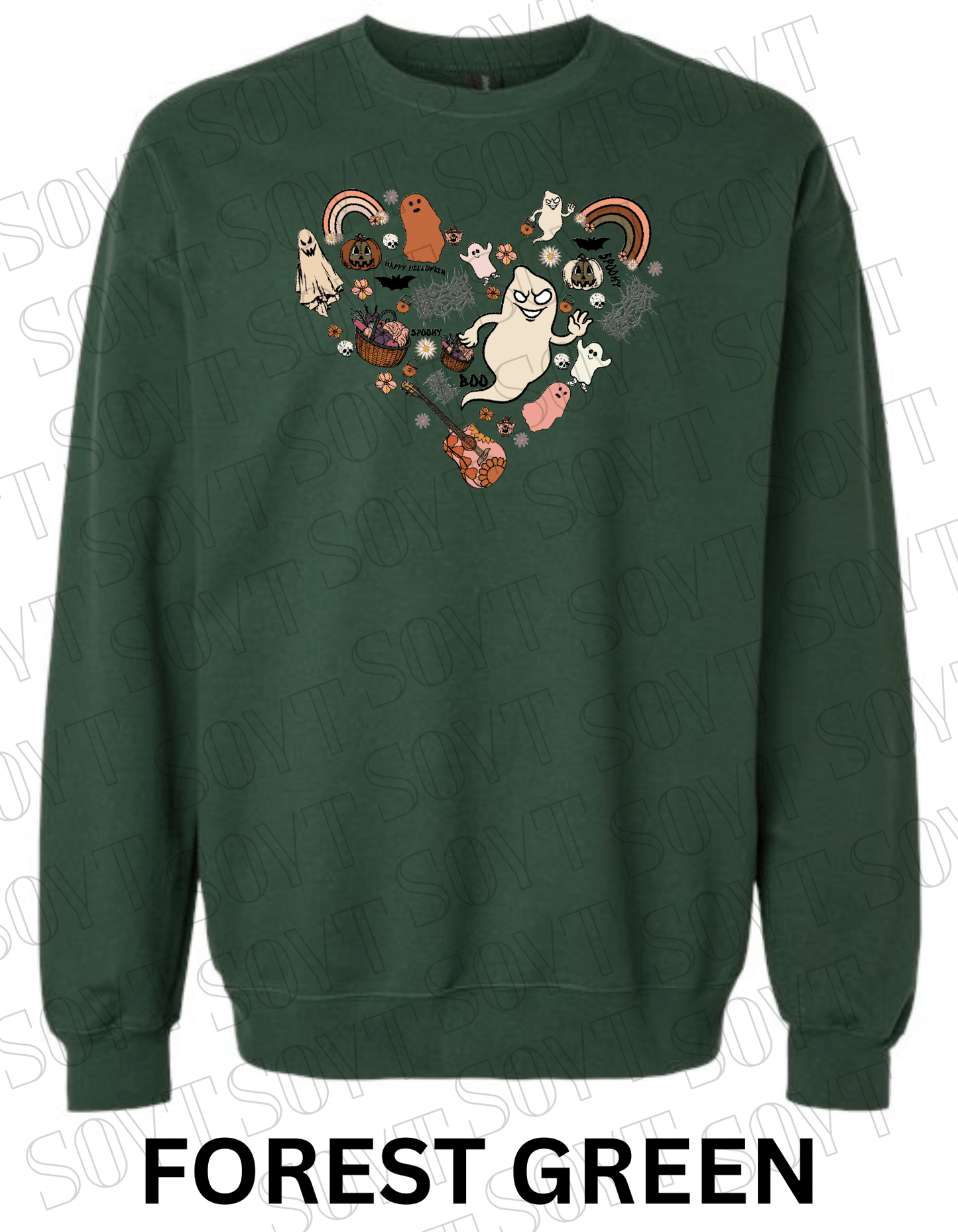 Halloween Heart Collage Sweatshirt – Retro Ghosts, Rainbows, Fall Pumpkins & Guitar Fleece Pullover - Festive Apparel StoreForest Green