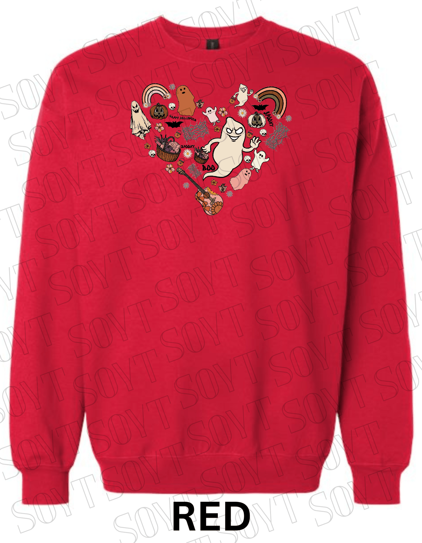 Halloween Heart Collage Sweatshirt – Retro Ghosts, Rainbows, Fall Pumpkins & Guitar Fleece Pullover - Festive Apparel StoreRed