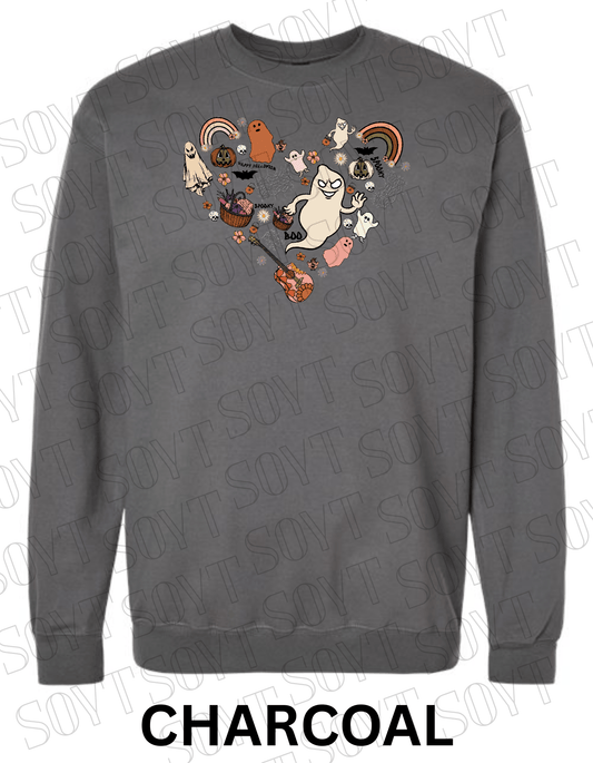 Halloween Heart Collage Sweatshirt – Retro Ghosts, Rainbows, Fall Pumpkins & Guitar Fleece Pullover - Festive Apparel StoreCharcoal
