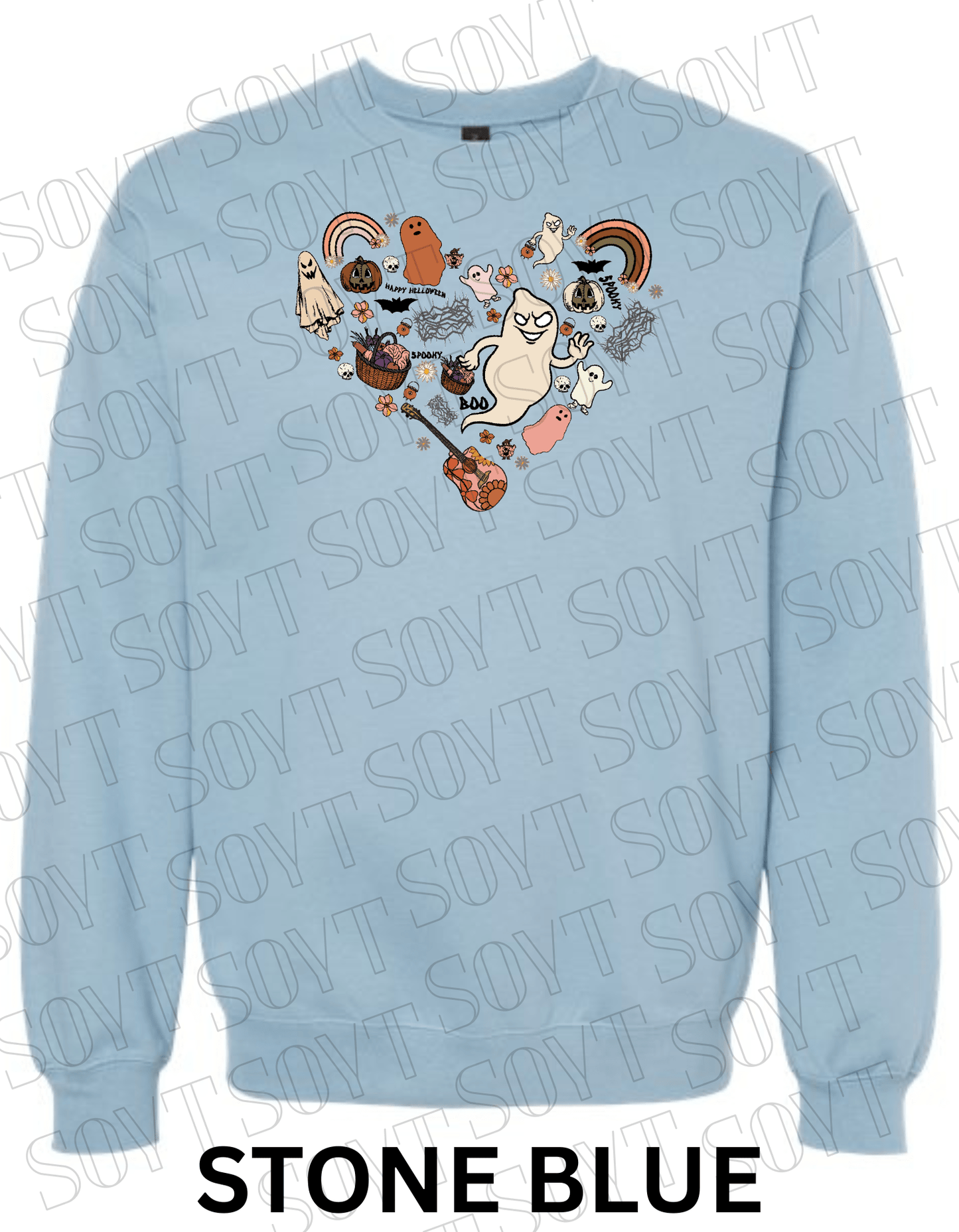 Halloween Heart Collage Sweatshirt – Retro Ghosts, Rainbows, Fall Pumpkins & Guitar Fleece Pullover - Festive Apparel StoreStone Blue