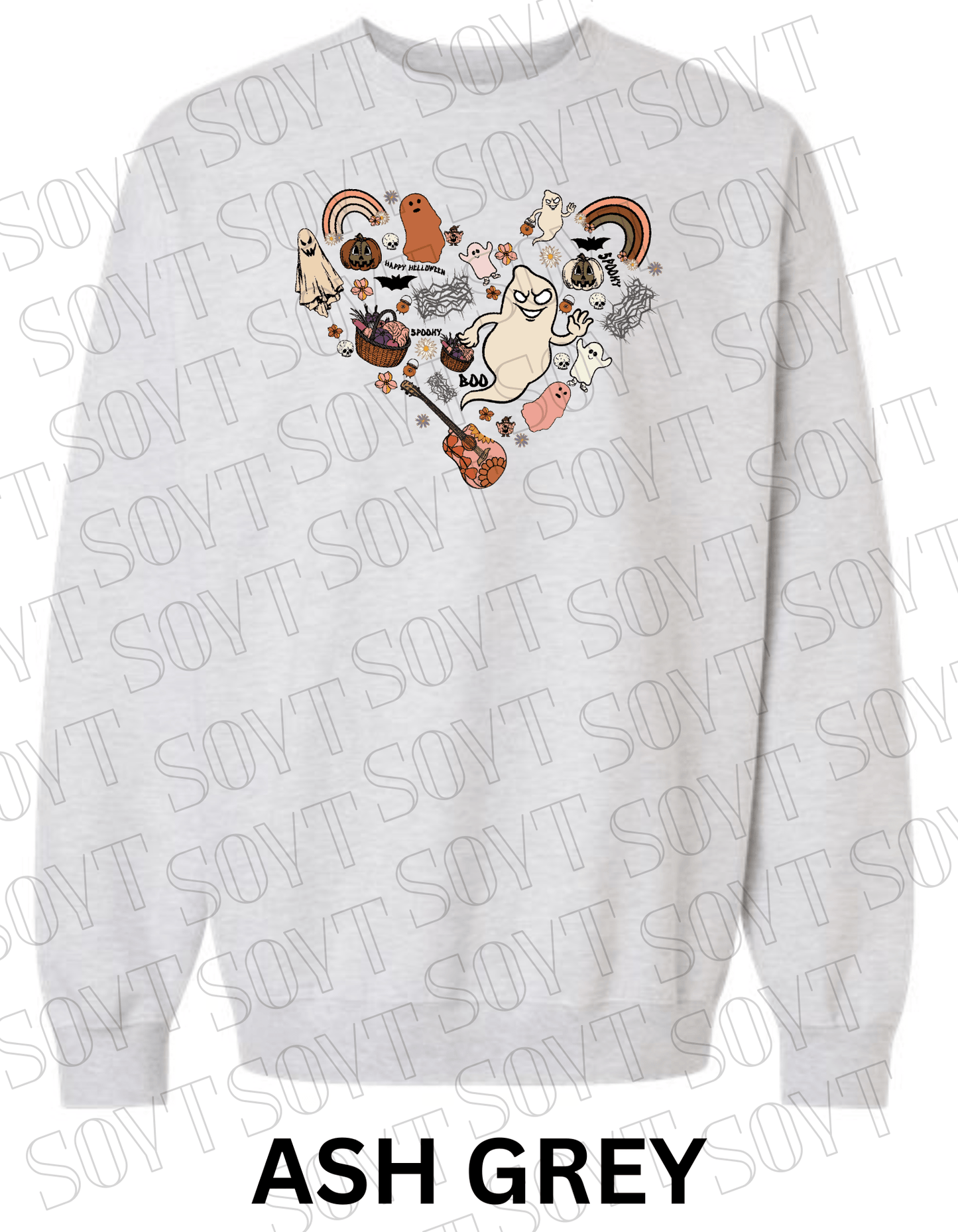 Halloween Heart Collage Sweatshirt – Retro Ghosts, Rainbows, Fall Pumpkins & Guitar Fleece Pullover - Festive Apparel StoreAsh Grey