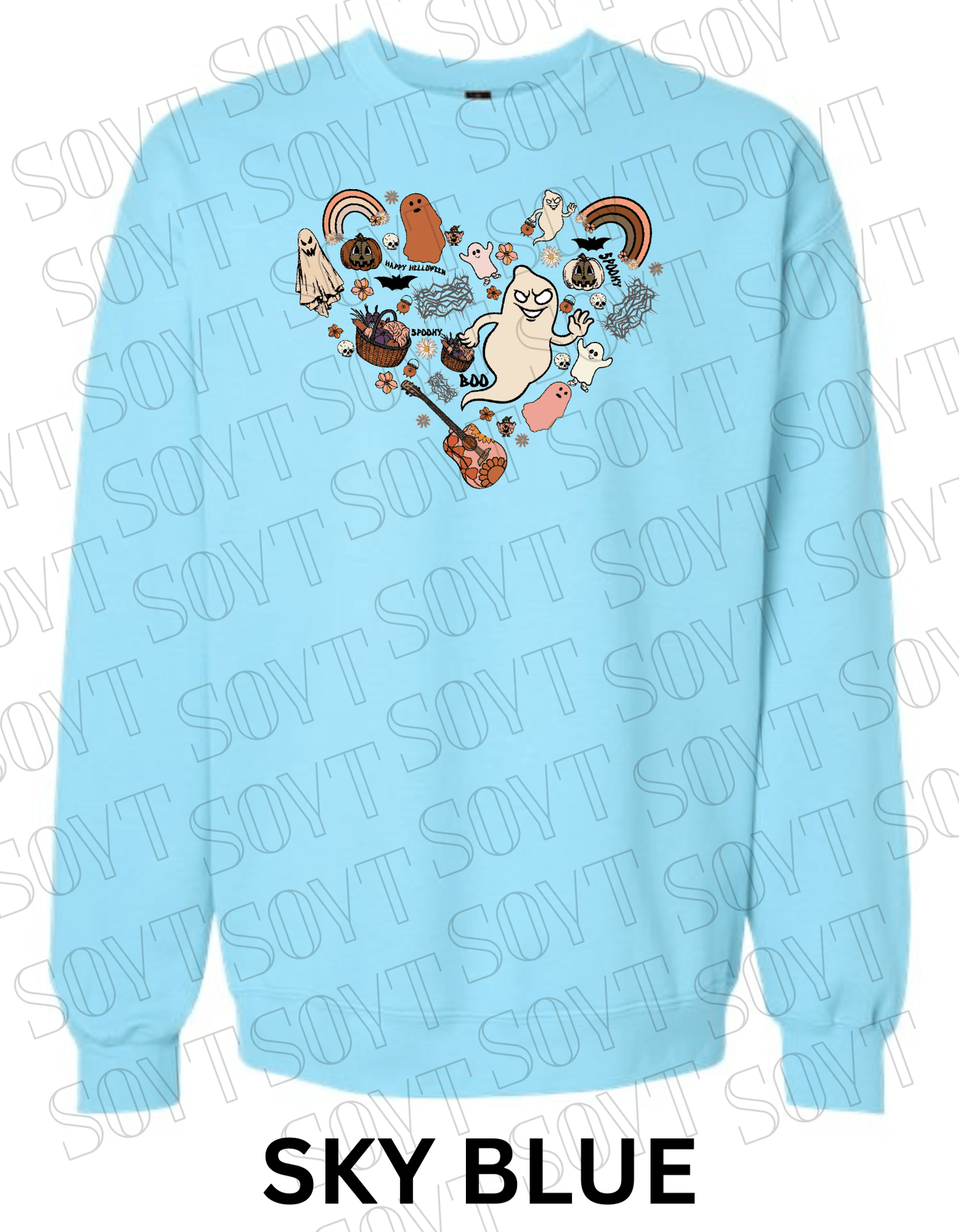 Halloween Heart Collage Sweatshirt – Retro Ghosts, Rainbows, Fall Pumpkins & Guitar Fleece Pullover - Festive Apparel StoreSky Blue