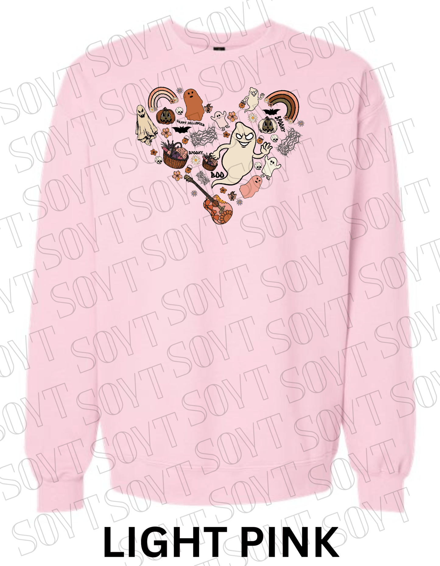 Halloween Heart Collage Sweatshirt – Retro Ghosts, Rainbows, Fall Pumpkins & Guitar Fleece Pullover - Festive Apparel StoreLight Pink