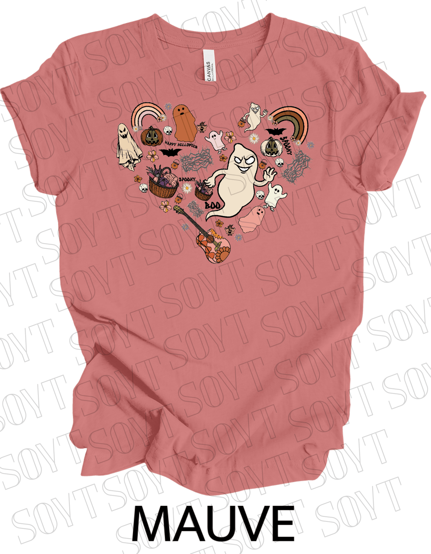 Halloween Heart Collage T-Shirt – Groovy Ghosts, Pumpkins, Rainbows & Retro Fall Guitar Tee - Festive Apparel StoreMauve