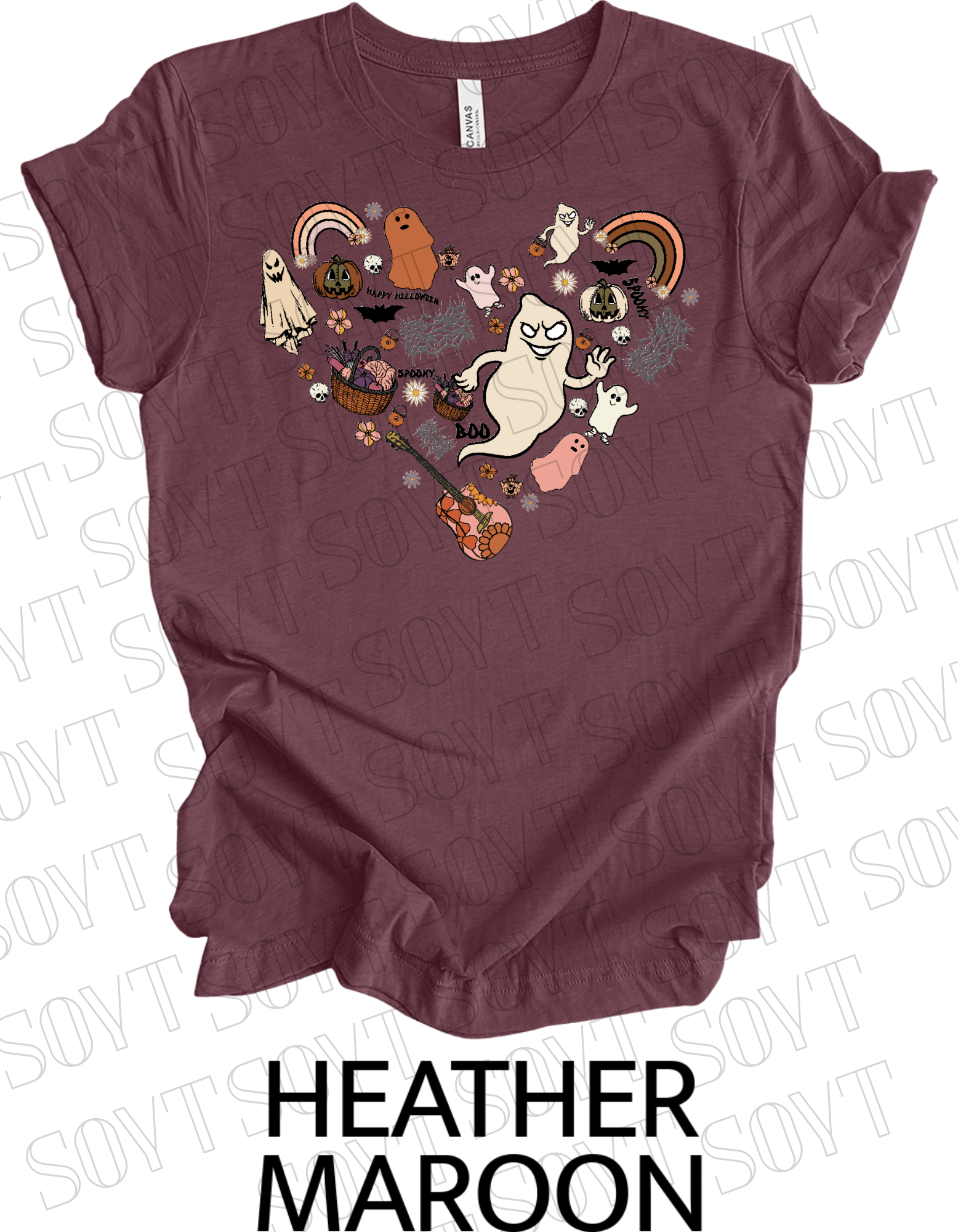 Halloween Heart Collage T-Shirt – Groovy Ghosts, Pumpkins, Rainbows & Retro Fall Guitar Tee - Festive Apparel StoreHeather Maroon