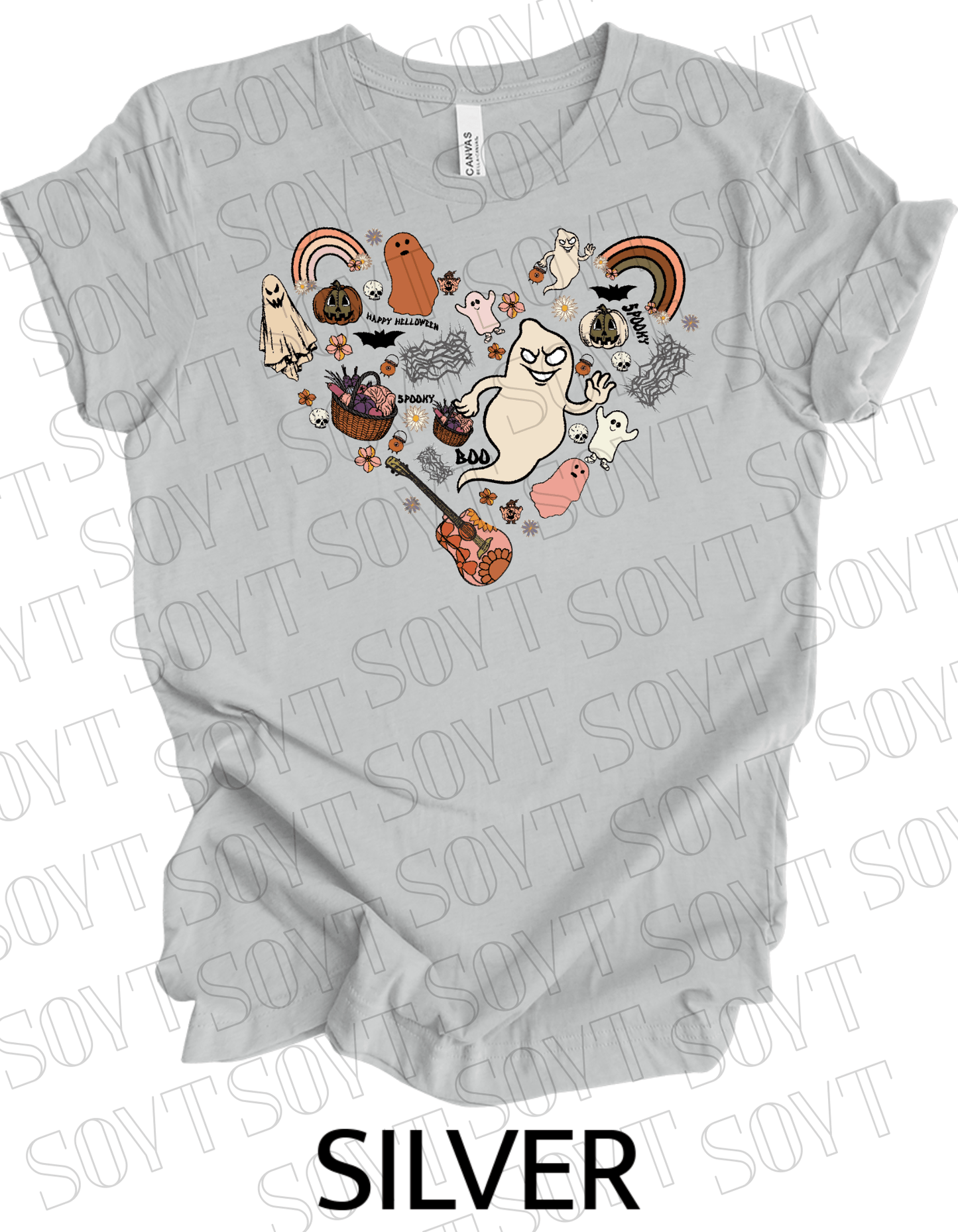 Halloween Heart Collage T-Shirt – Groovy Ghosts, Pumpkins, Rainbows & Retro Fall Guitar Tee - Festive Apparel StoreSilver