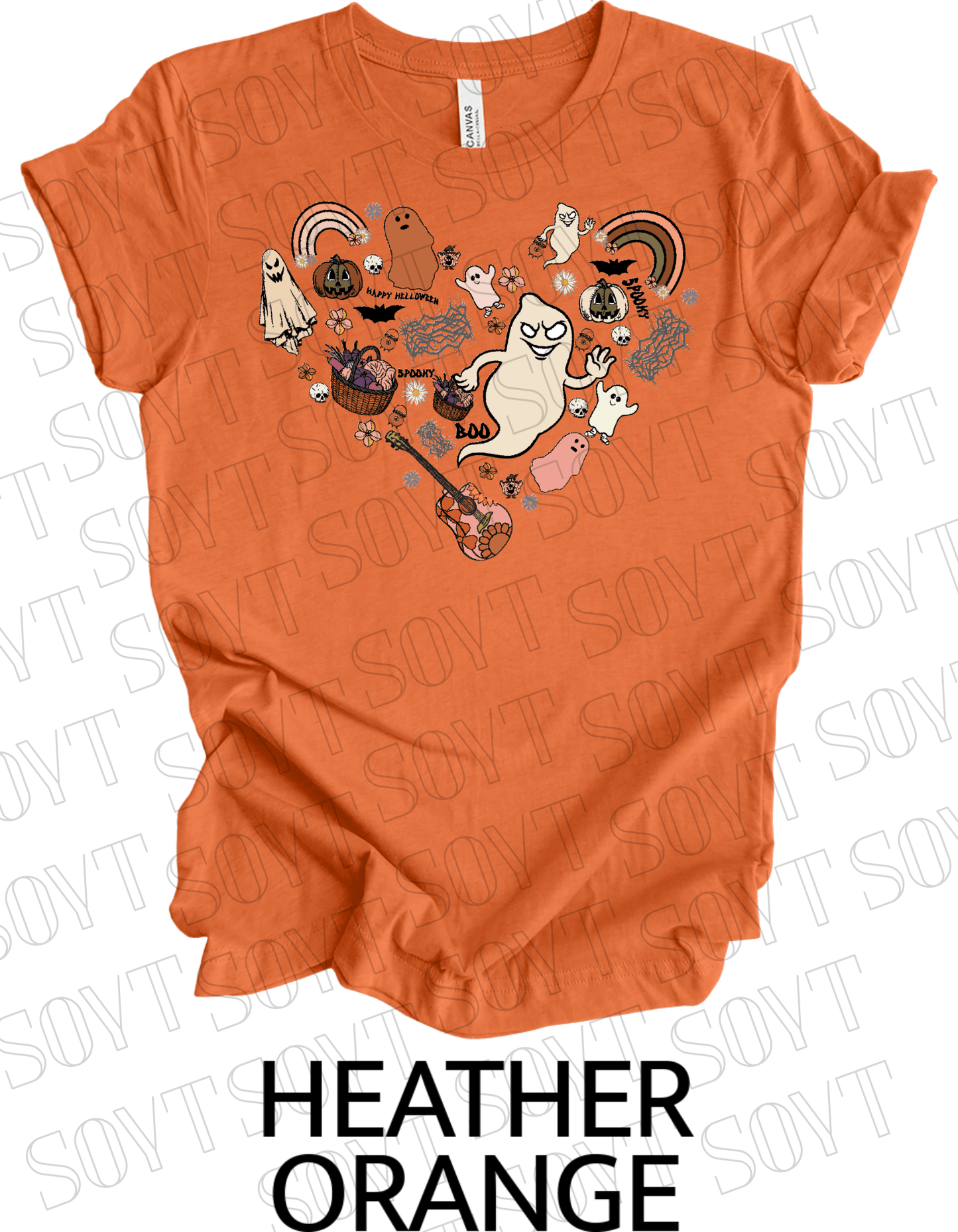 Halloween Heart Collage T-Shirt – Groovy Ghosts, Pumpkins, Rainbows & Retro Fall Guitar Tee - Festive Apparel StoreHeather Orange