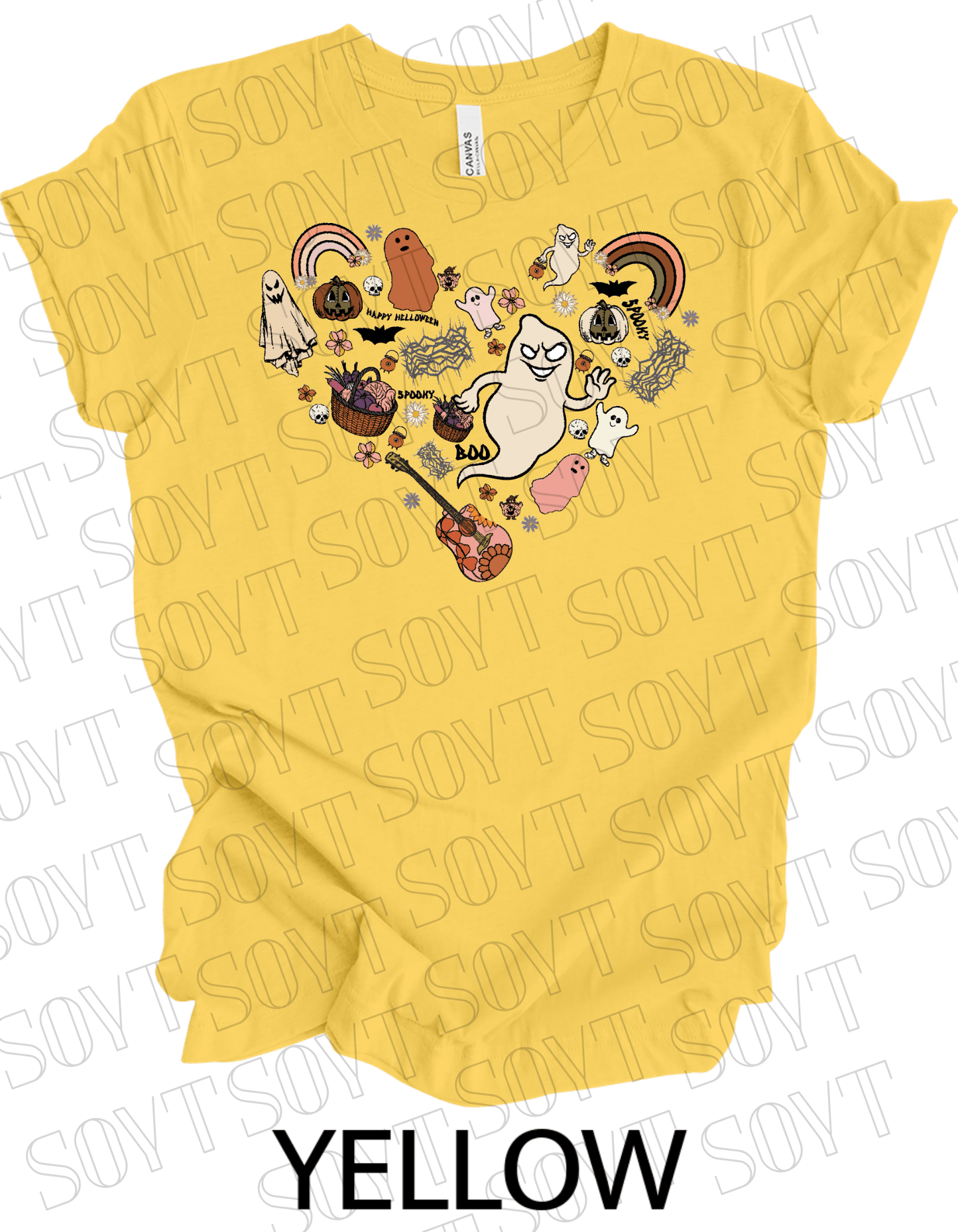 Halloween Heart Collage T-Shirt – Groovy Ghosts, Pumpkins, Rainbows & Retro Fall Guitar Tee - Festive Apparel StoreYellow
