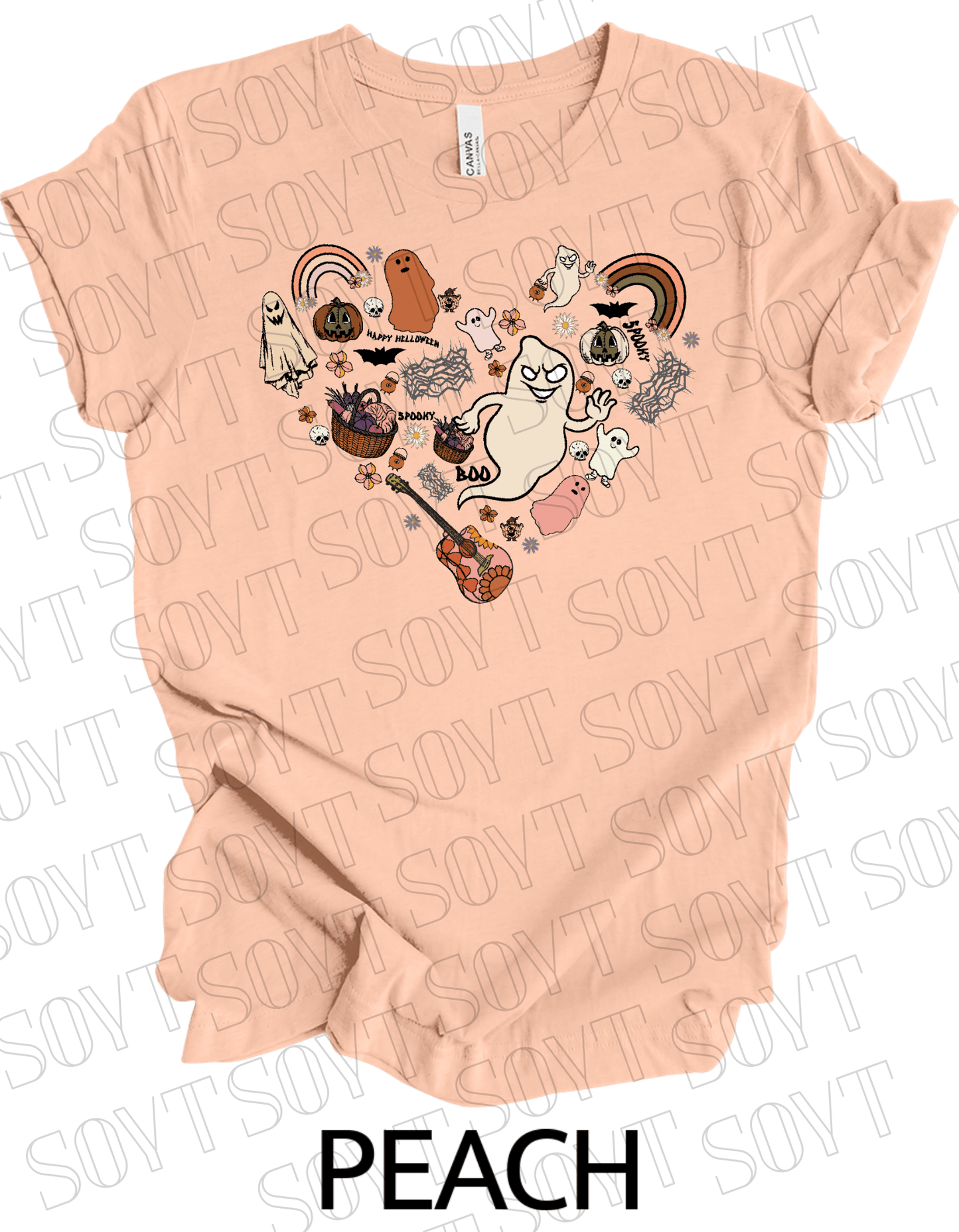 Halloween Heart Collage T-Shirt – Groovy Ghosts, Pumpkins, Rainbows & Retro Fall Guitar Tee - Festive Apparel StorePeach