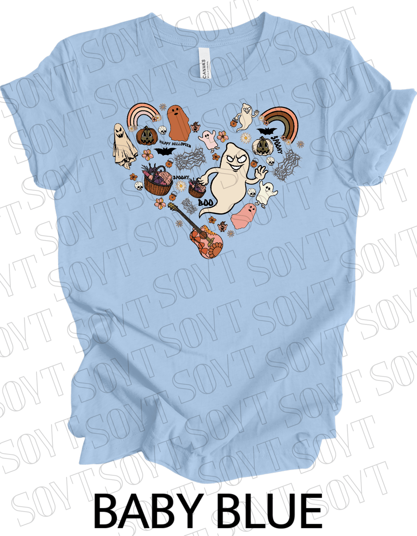 Halloween Heart Collage T-Shirt – Groovy Ghosts, Pumpkins, Rainbows & Retro Fall Guitar Tee - Festive Apparel StoreBaby Blue