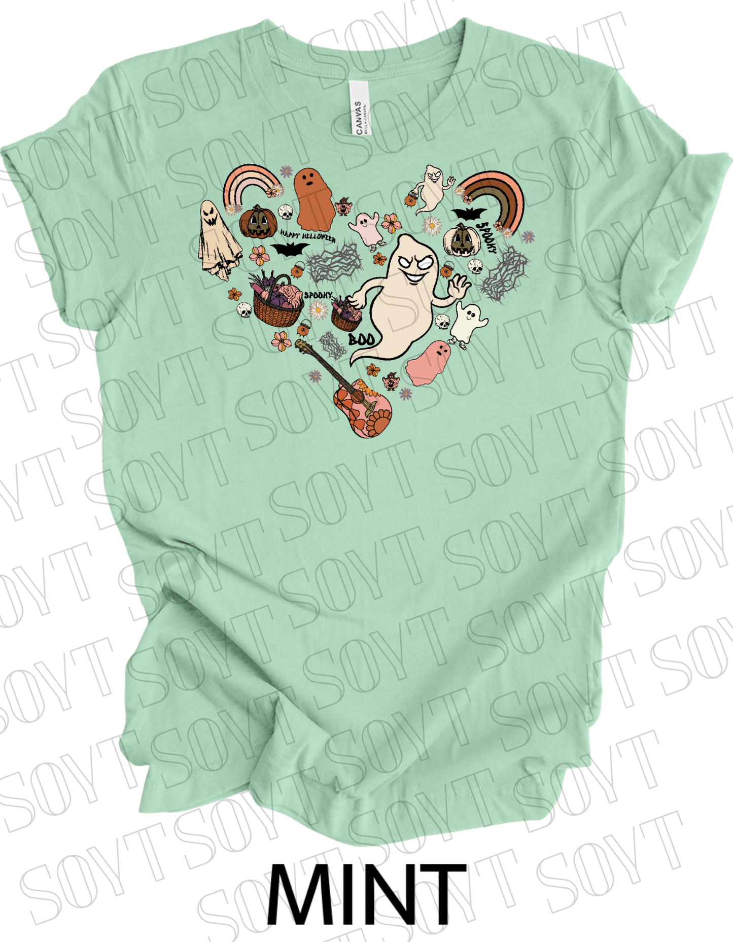 Halloween Heart Collage T-Shirt – Groovy Ghosts, Pumpkins, Rainbows & Retro Fall Guitar Tee - Festive Apparel StoreMint