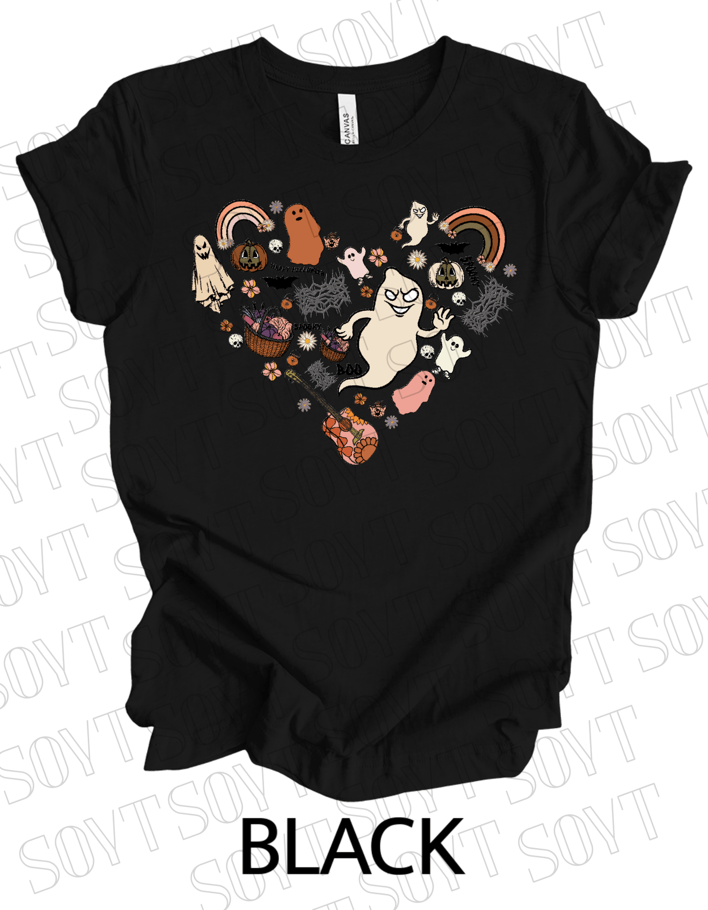 Halloween Heart Collage T-Shirt – Groovy Ghosts, Pumpkins, Rainbows & Retro Fall Guitar Tee - Festive Apparel StoreBlack