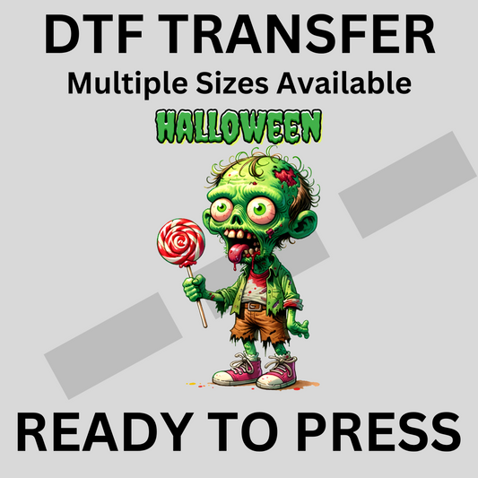 Scary Zombie with Lollipop for Kids Iron-On Transfer | Easy Ready-to-Press, Fast Shipping, Perfect for Halloween Parties & Events