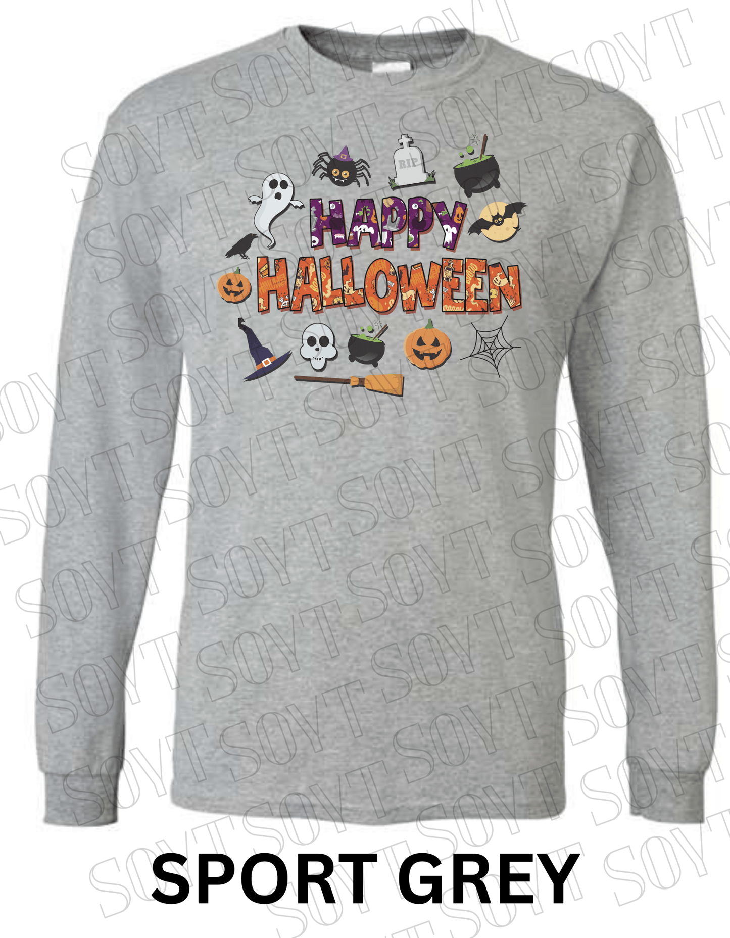 Happy Halloween Long Sleeve Shirt – Cute Ghosts, Pumpkins & Witch Graphic Tee - Festive Apparel StoreSport Grey