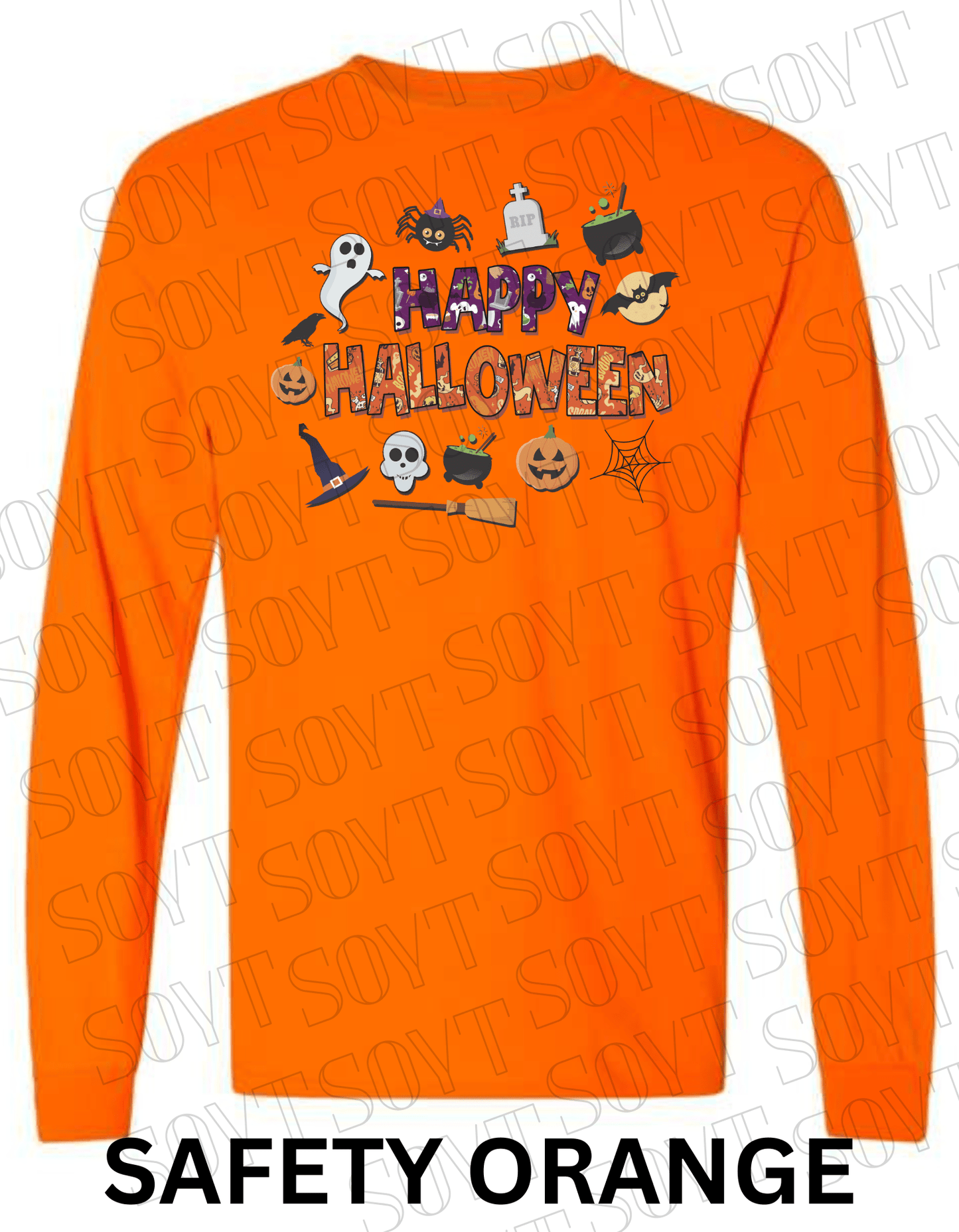 Happy Halloween Long Sleeve Shirt – Cute Ghosts, Pumpkins & Witch Graphic Tee - Festive Apparel StoreSafety Orange