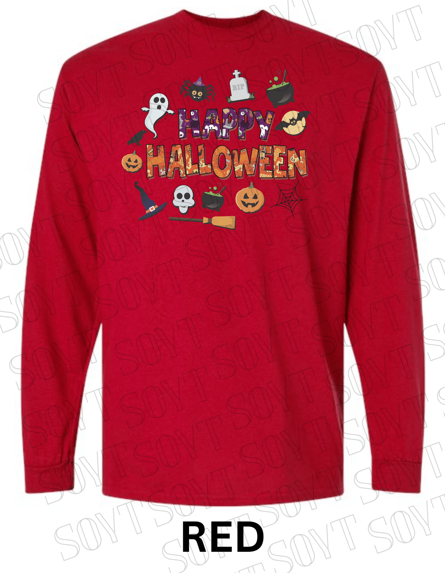 Happy Halloween Long Sleeve Shirt – Cute Ghosts, Pumpkins & Witch Graphic Tee - Festive Apparel StoreRed
