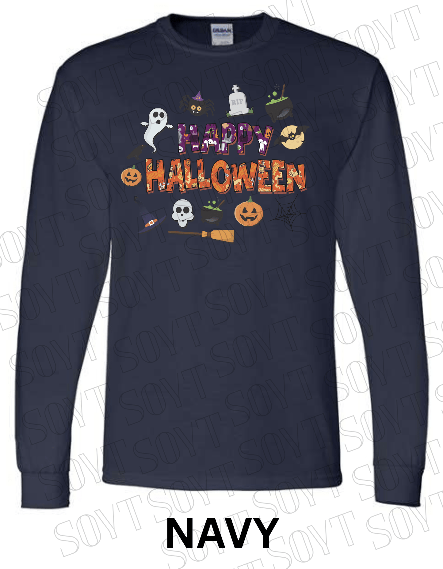 Happy Halloween Long Sleeve Shirt – Cute Ghosts, Pumpkins & Witch Graphic Tee - Festive Apparel StoreNavy Blue