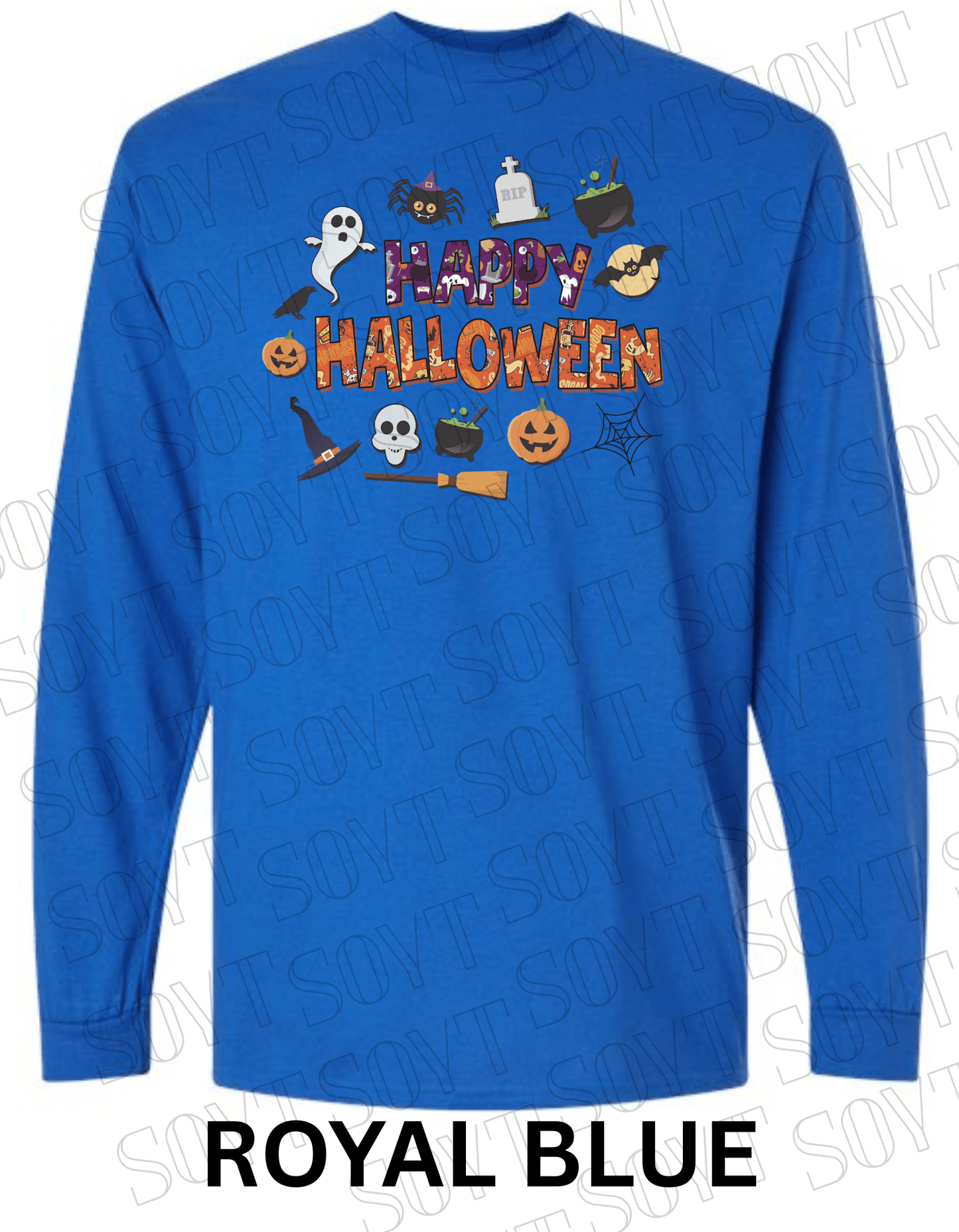 Happy Halloween Long Sleeve Shirt – Cute Ghosts, Pumpkins & Witch Graphic Tee - Festive Apparel StoreRoyal Blue