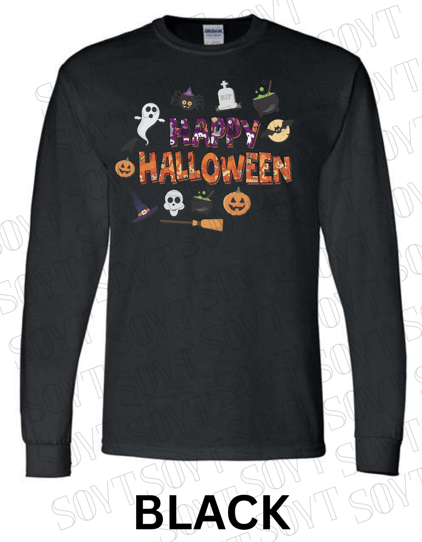 Happy Halloween Long Sleeve Shirt – Cute Ghosts, Pumpkins & Witch Graphic Tee - Festive Apparel StoreBlack