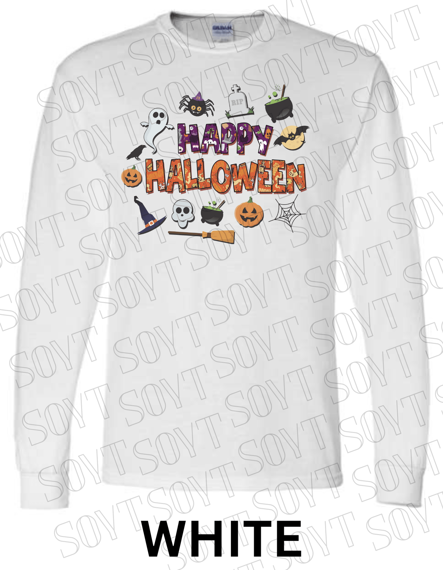 Happy Halloween Long Sleeve Shirt – Cute Ghosts, Pumpkins & Witch Graphic Tee - Festive Apparel StoreWhite
