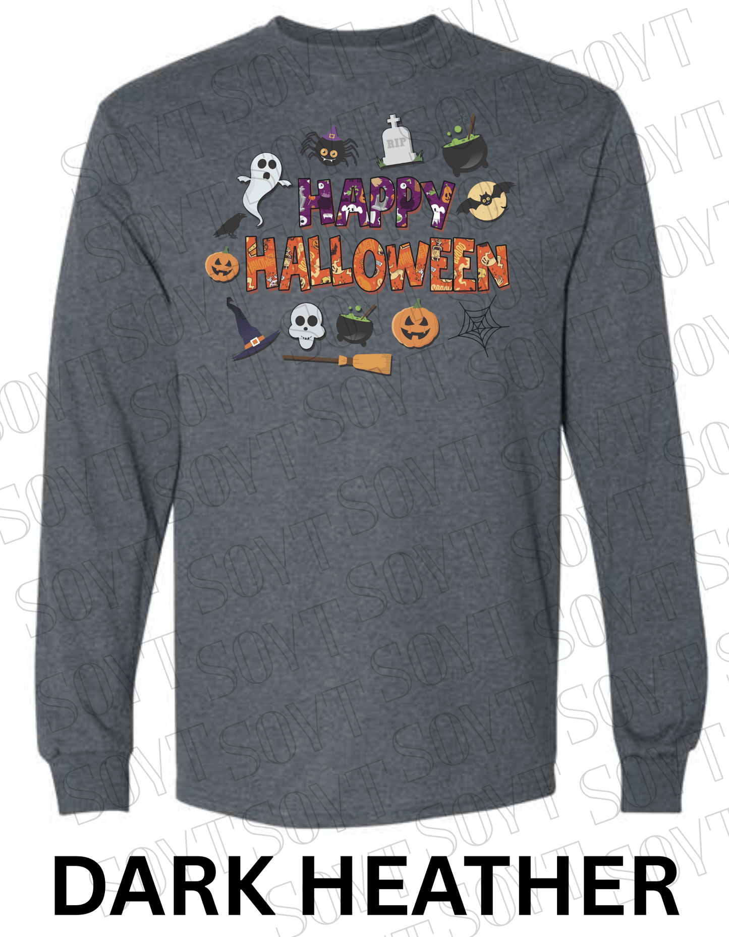 Happy Halloween Long Sleeve Shirt – Cute Ghosts, Pumpkins & Witch Graphic Tee - Festive Apparel StoreDark Heather
