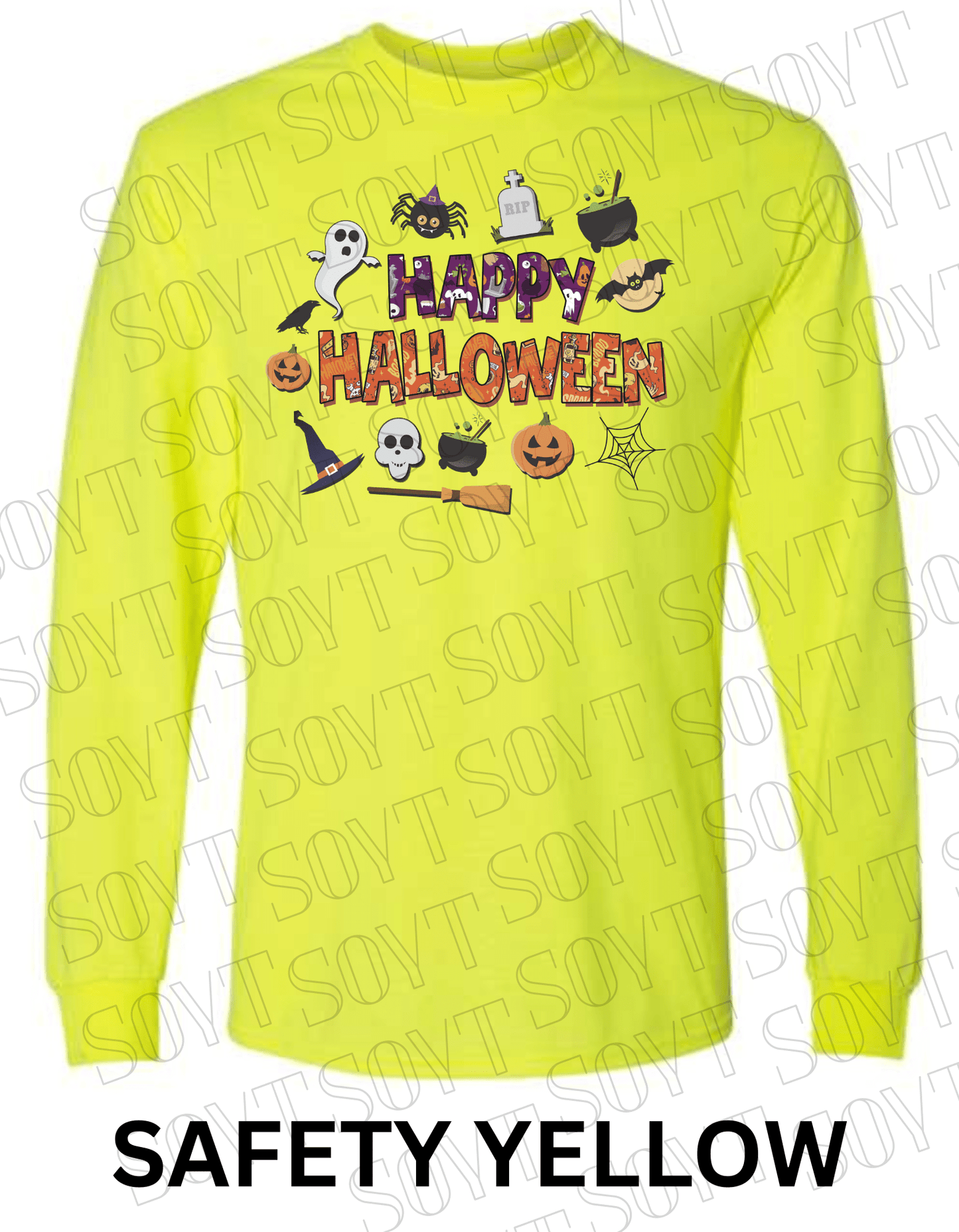Happy Halloween Long Sleeve Shirt – Cute Ghosts, Pumpkins & Witch Graphic Tee - Festive Apparel StoreSafety Yellow