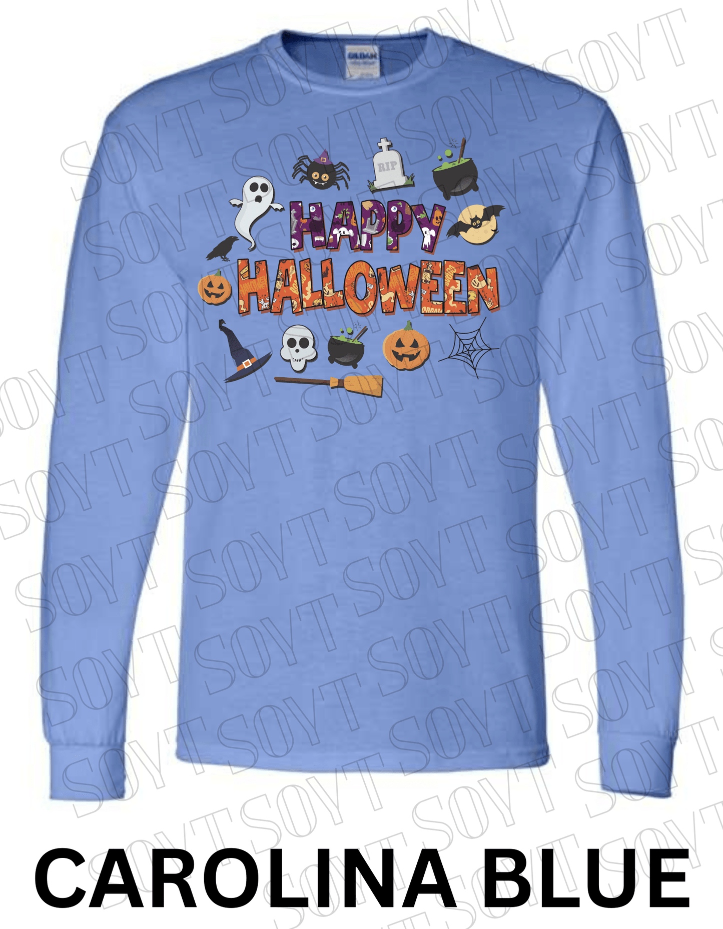 Happy Halloween Long Sleeve Shirt – Cute Ghosts, Pumpkins & Witch Graphic Tee - Festive Apparel StoreCarolina Blue