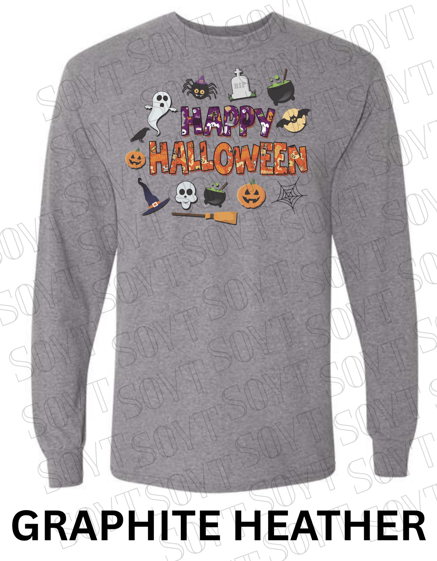Happy Halloween Long Sleeve Shirt – Cute Ghosts, Pumpkins & Witch Graphic Tee - Festive Apparel StoreGraphite Heather