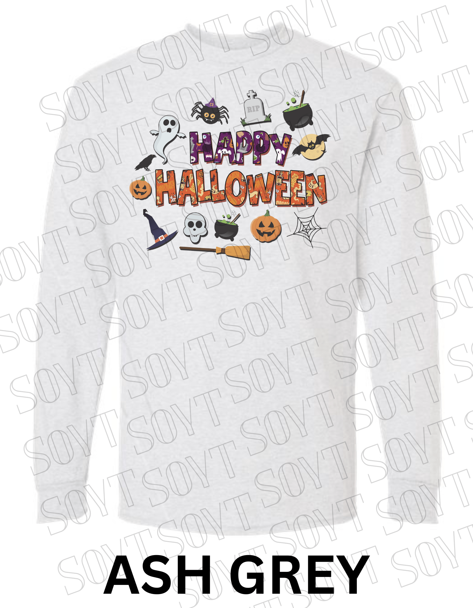 Happy Halloween Long Sleeve Shirt – Cute Ghosts, Pumpkins & Witch Graphic Tee - Festive Apparel StoreAsh Gray