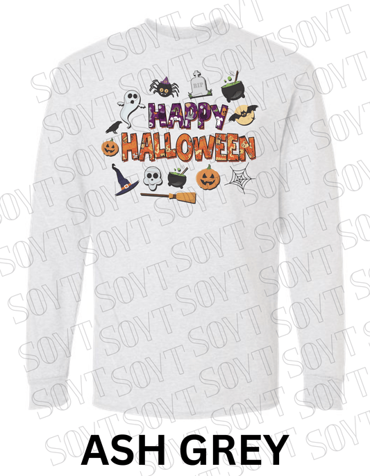 Happy Halloween Long Sleeve Shirt – Cute Ghosts, Pumpkins & Witch Graphic Tee - Festive Apparel StoreAsh Gray