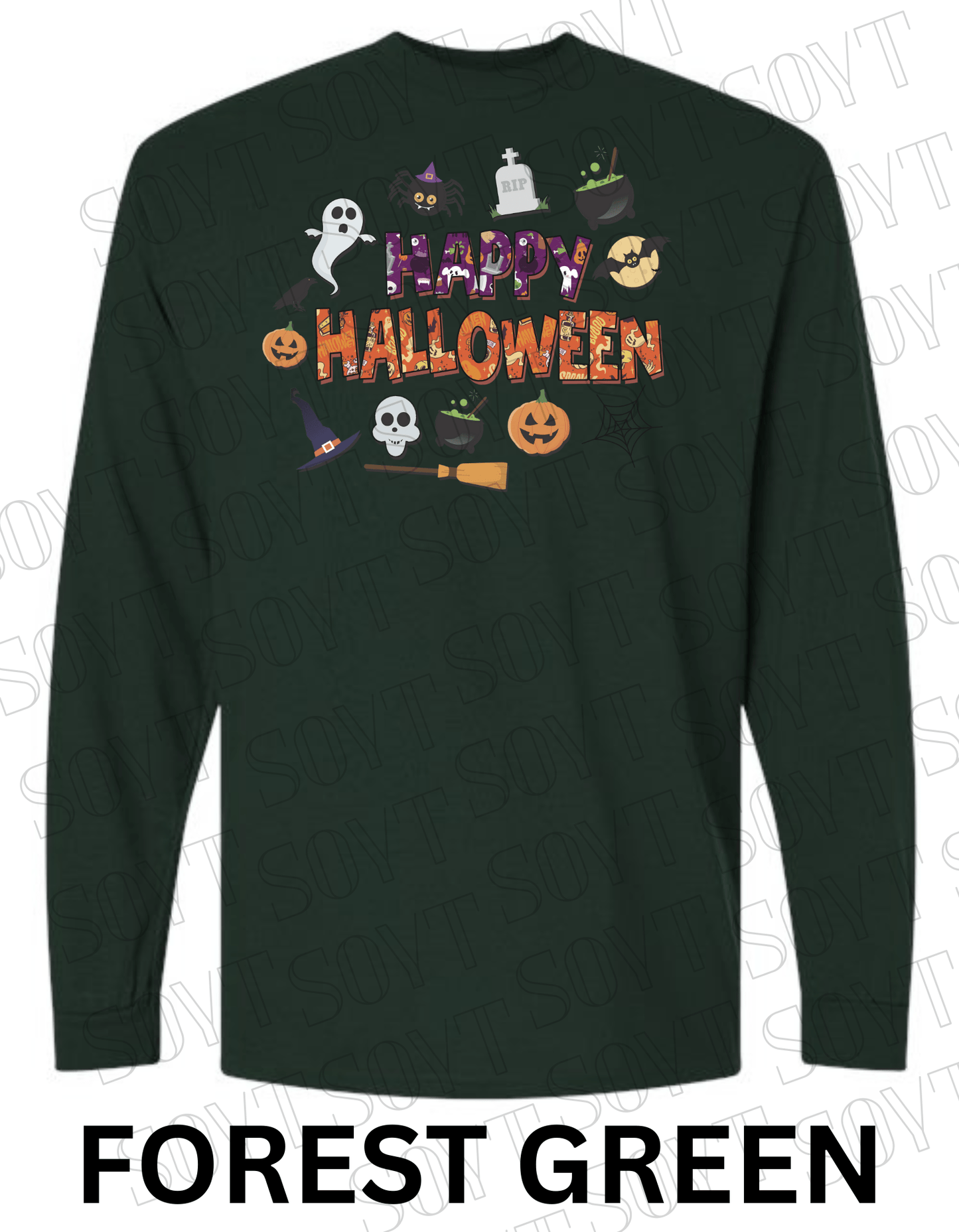 Happy Halloween Long Sleeve Shirt – Cute Ghosts, Pumpkins & Witch Graphic Tee - Festive Apparel StoreForest Green