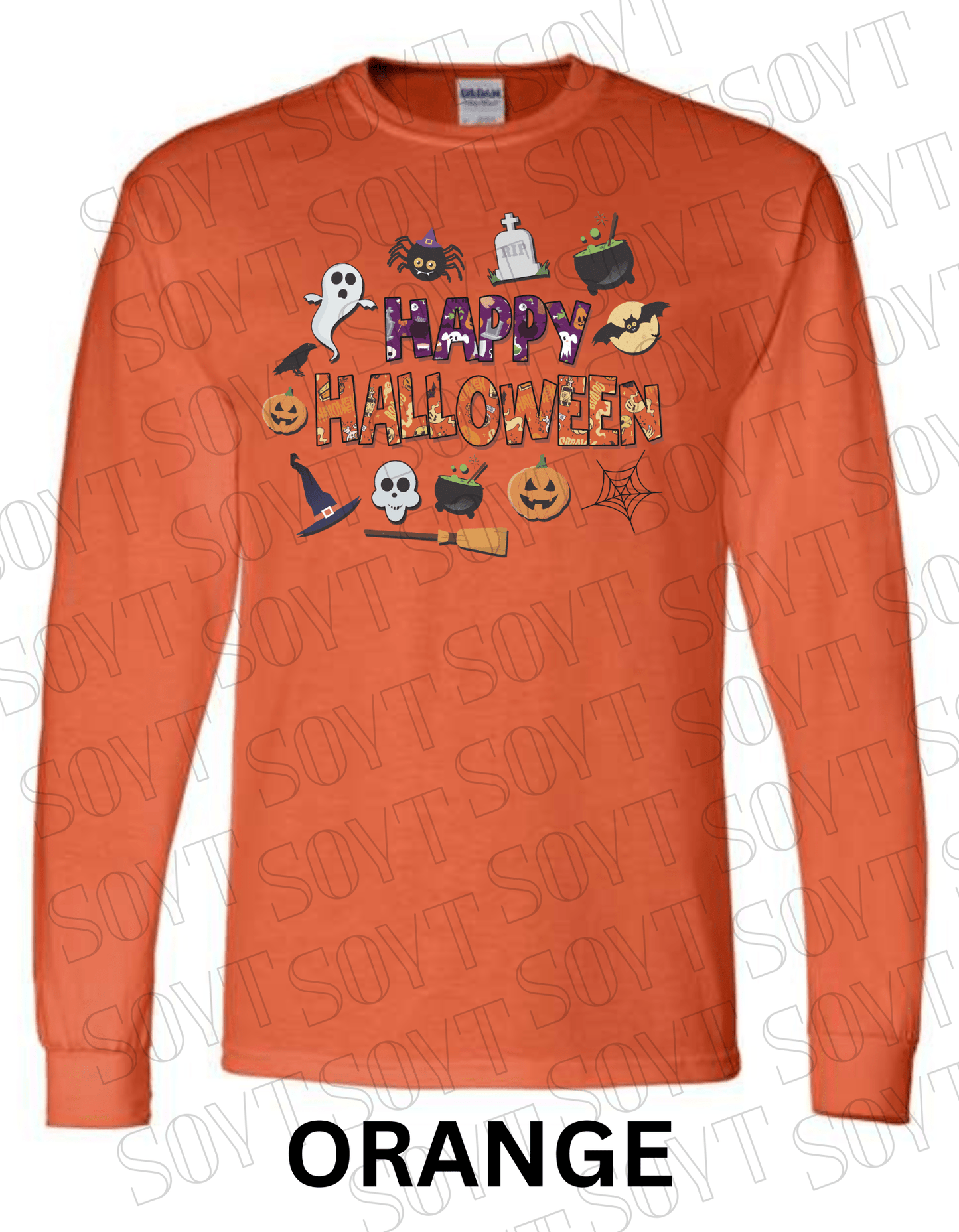 Happy Halloween Long Sleeve Shirt – Cute Ghosts, Pumpkins & Witch Graphic Tee - Festive Apparel StoreOrange