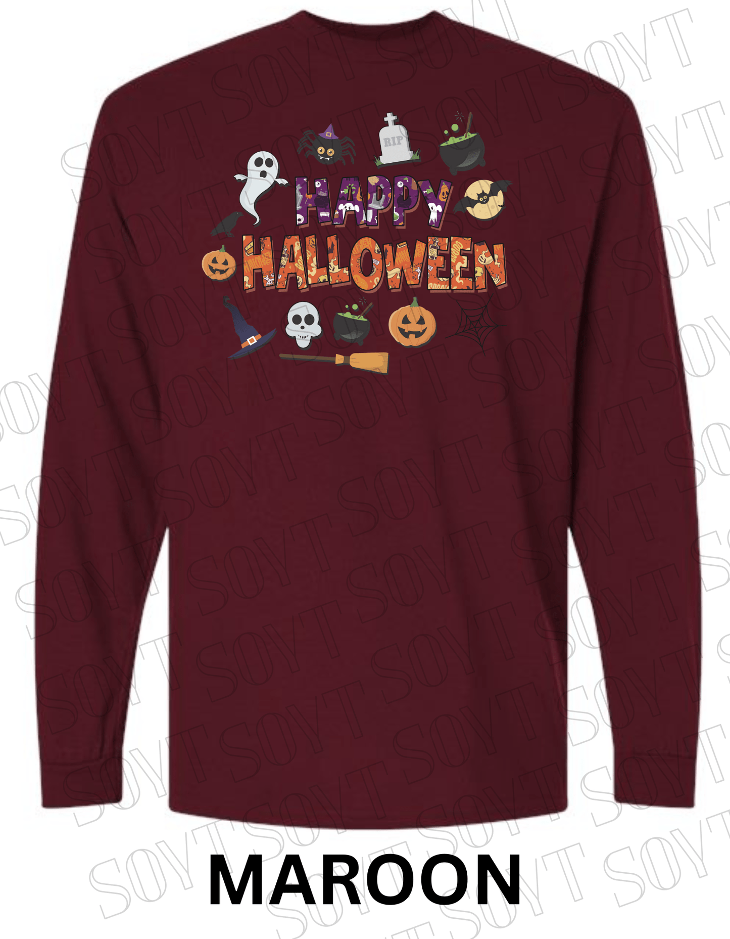 Happy Halloween Long Sleeve Shirt – Cute Ghosts, Pumpkins & Witch Graphic Tee - Festive Apparel StoreMaroon
