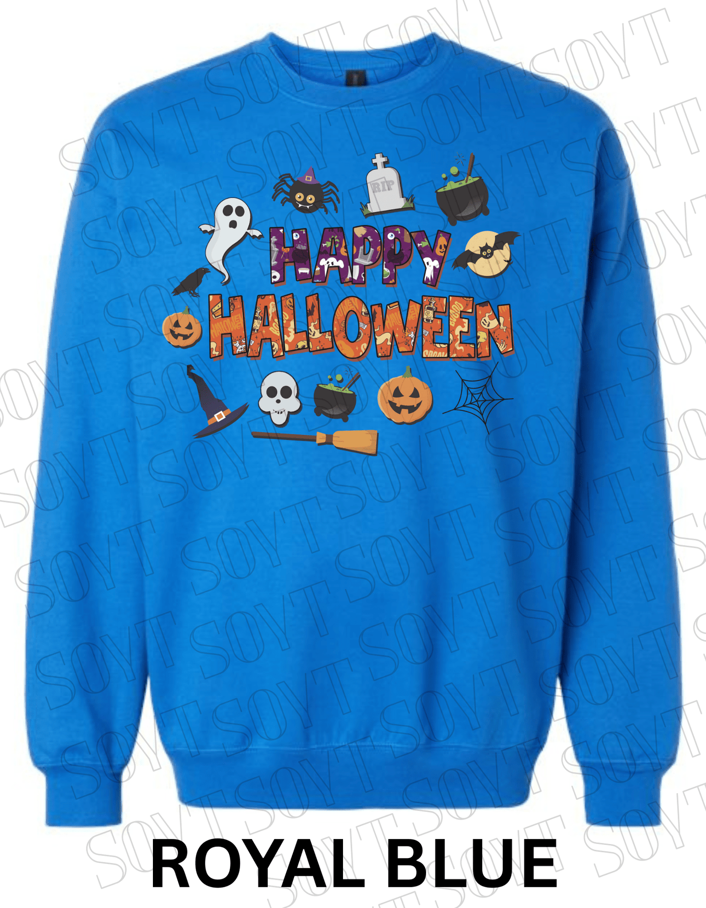 Happy Halloween Sweatshirt – Cute Ghost, Pumpkin, Cauldron & Witch Hat Pullover - Festive Apparel StoreRoyal Blue