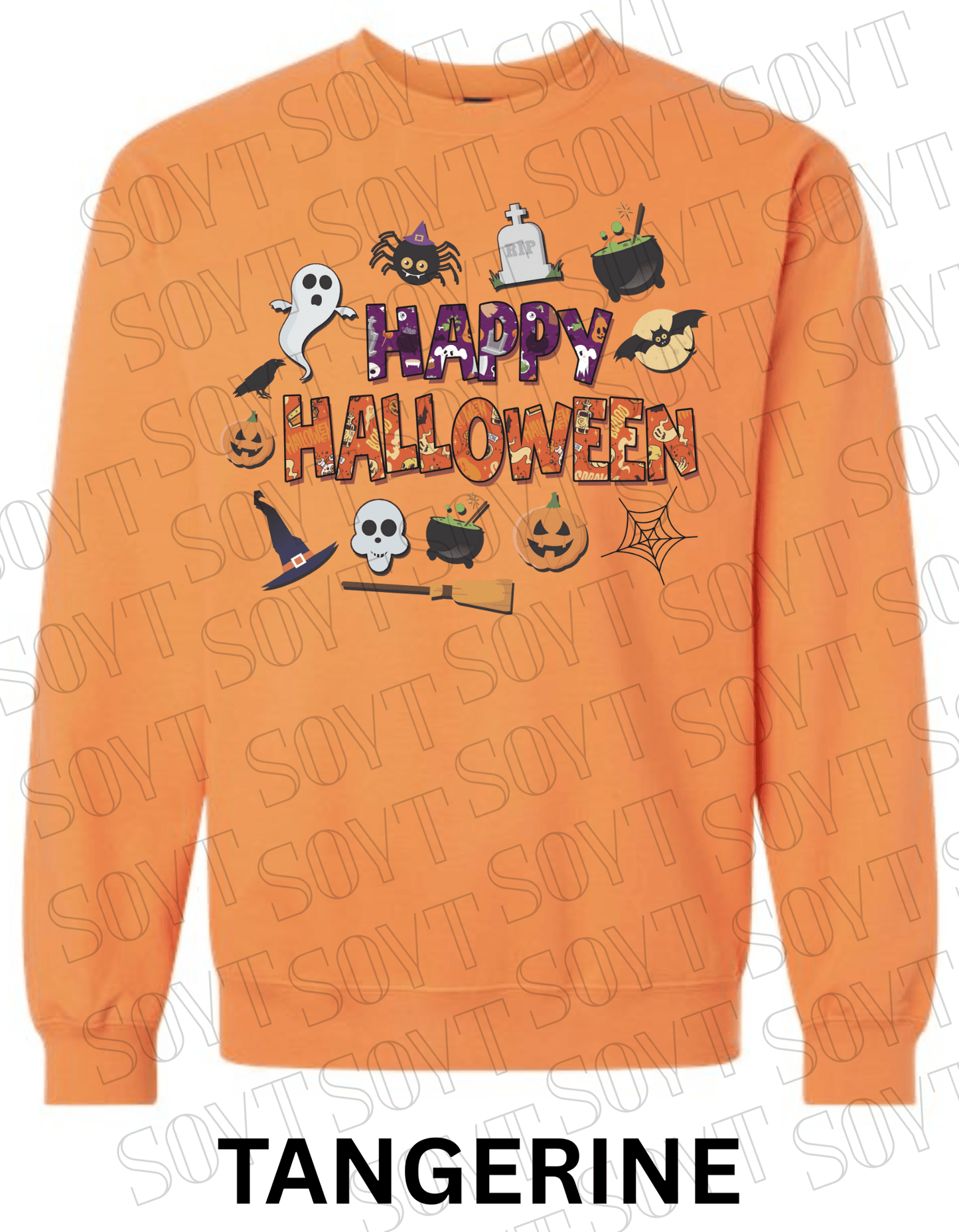 Happy Halloween Sweatshirt – Cute Ghost, Pumpkin, Cauldron & Witch Hat Pullover - Festive Apparel StoreTangerine
