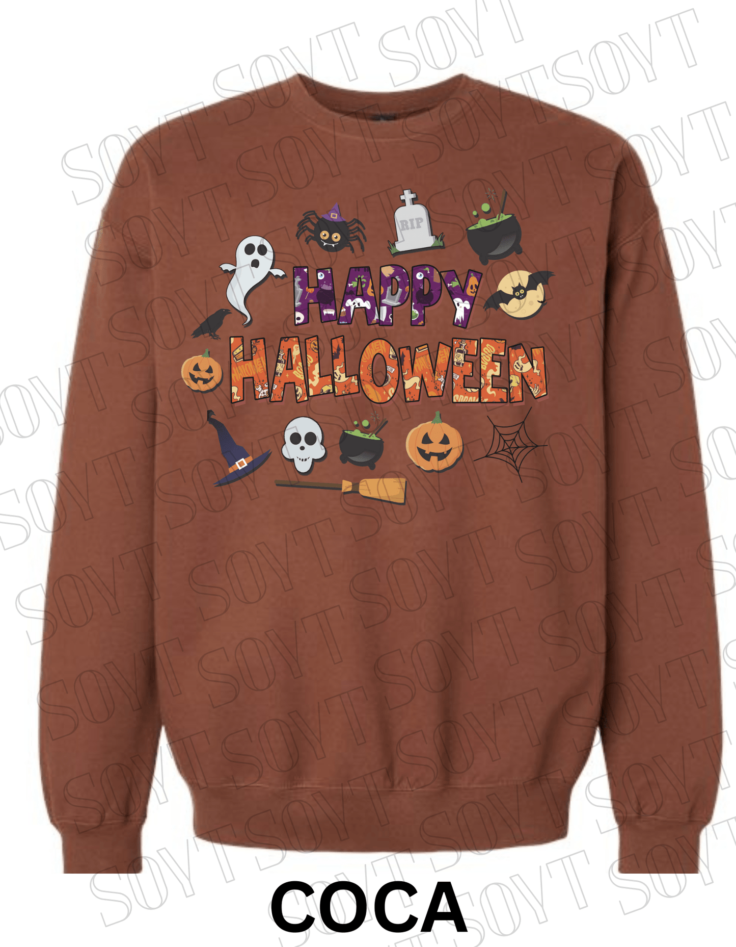 Happy Halloween Sweatshirt – Cute Ghost, Pumpkin, Cauldron & Witch Hat Pullover - Festive Apparel StoreCocoa Brown