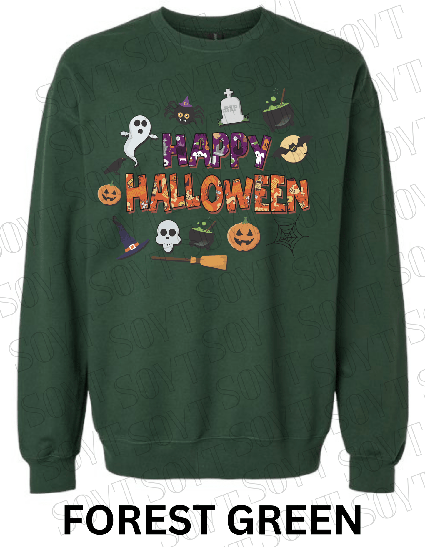Happy Halloween Sweatshirt – Cute Ghost, Pumpkin, Cauldron & Witch Hat Pullover - Festive Apparel StoreForest Green
