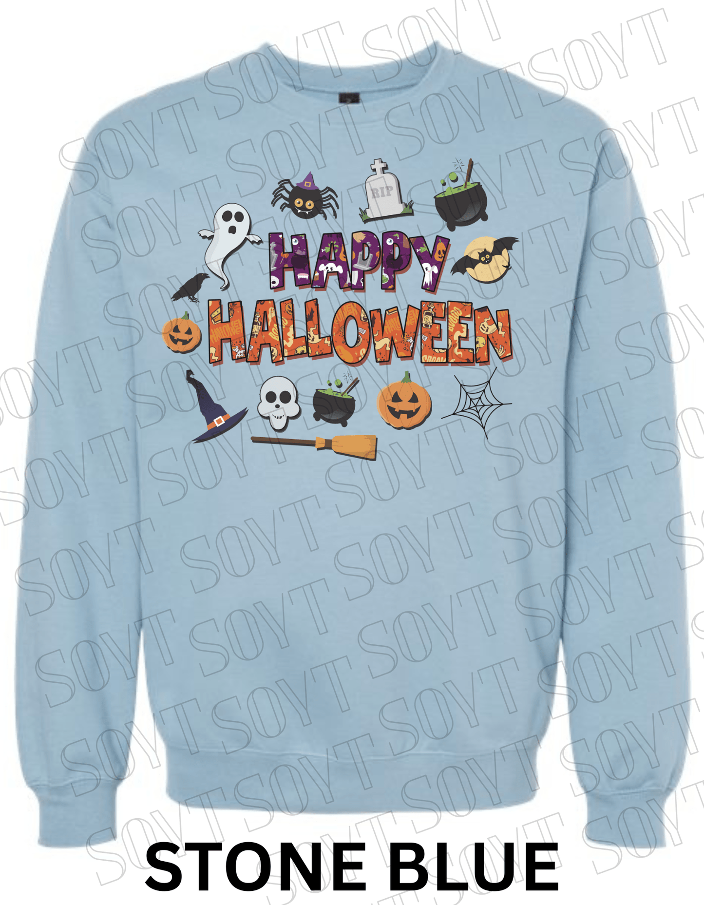 Happy Halloween Sweatshirt – Cute Ghost, Pumpkin, Cauldron & Witch Hat Pullover - Festive Apparel StoreStone Blue