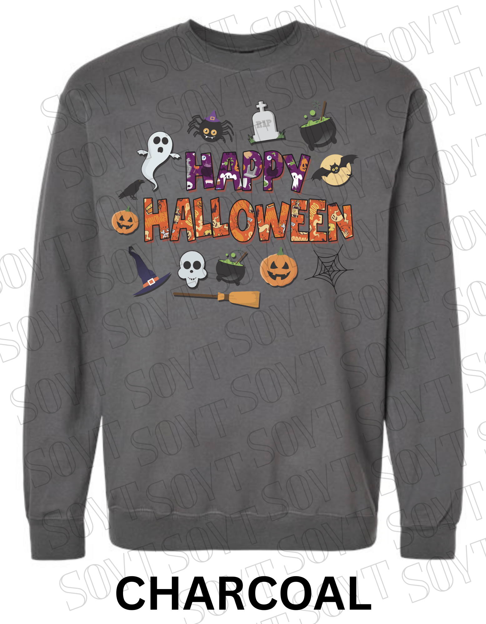 Happy Halloween Sweatshirt – Cute Ghost, Pumpkin, Cauldron & Witch Hat Pullover - Festive Apparel StoreCharcoal