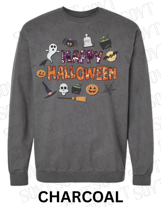 Happy Halloween Sweatshirt – Cute Ghost, Pumpkin, Cauldron & Witch Hat Pullover - Festive Apparel StoreCharcoal