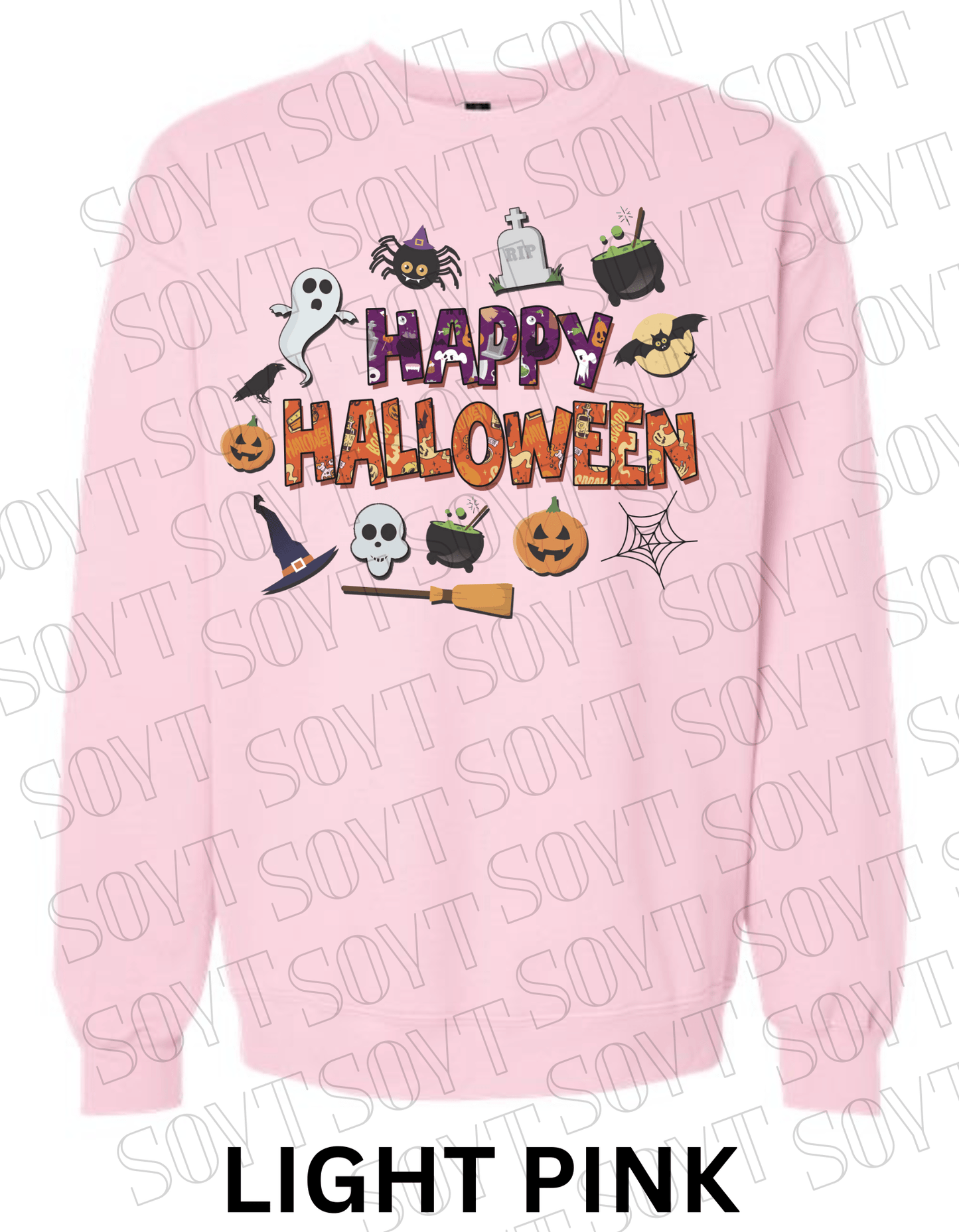 Happy Halloween Sweatshirt – Cute Ghost, Pumpkin, Cauldron & Witch Hat Pullover - Festive Apparel StoreLight Pink