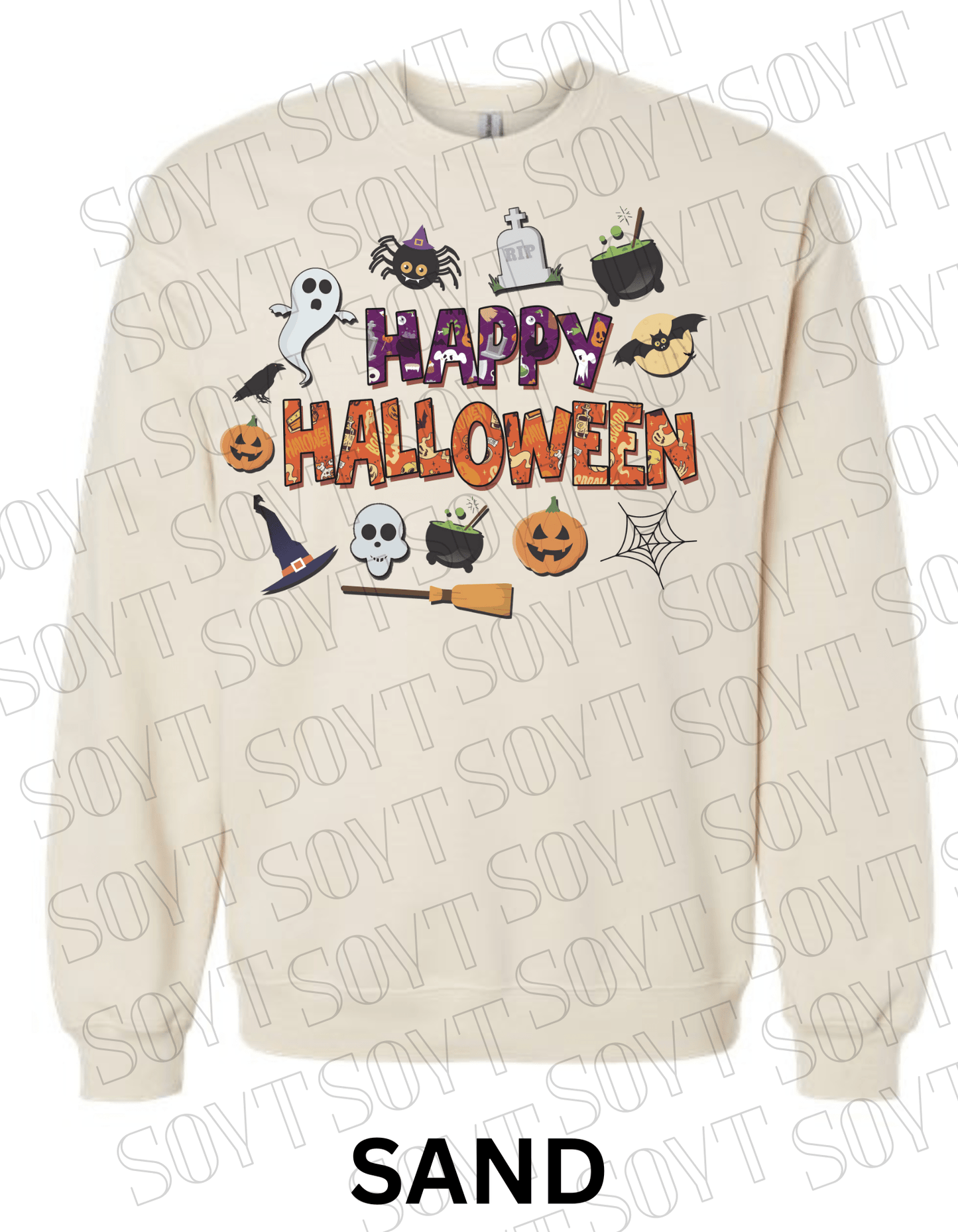 Happy Halloween Sweatshirt – Cute Ghost, Pumpkin, Cauldron & Witch Hat Pullover - Festive Apparel StoreSand